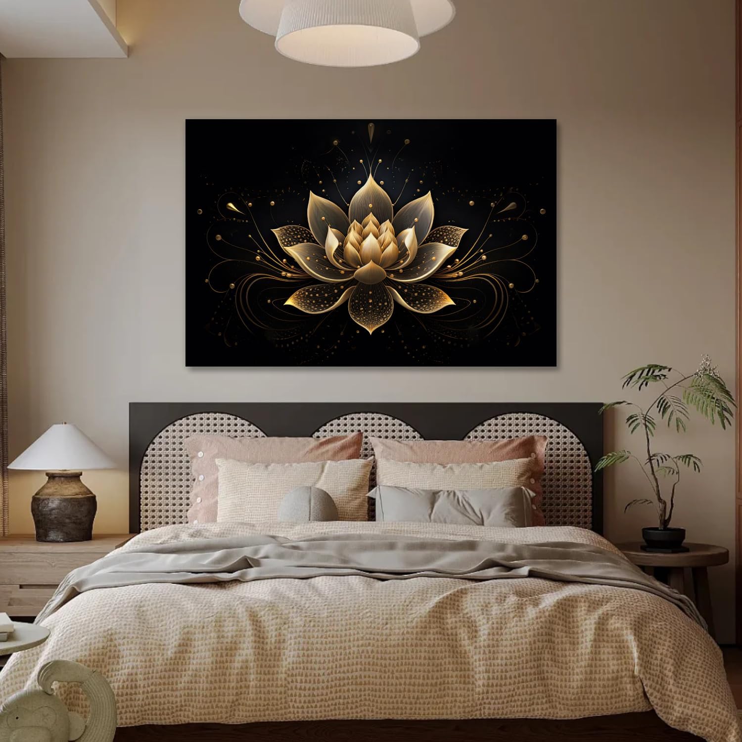 LYUNSHUO Zen Wall Art,Black and Gold Lotus Painting Canvas Print Meditation Poster Flower Picture Vintage Artwork for Spiritual Room Bathroom Living Room Home Decor Framed(Art-1,12.00"x18.00")