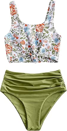 ZAFUL Women's High Waisted Bikini Scoop Neck Swimsuit Two Pieces Bathing Suit