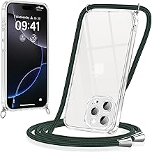Coiwxmoi Cover con Cordino per iPhone 16 Pro 6,3", Trasparente Custodia con Laccio Tracolla Cellulare Girocollo Collana Morbido Silicone TPU Antiurto Protettiva Case per iPhone 16 Pro, Verde Scuro