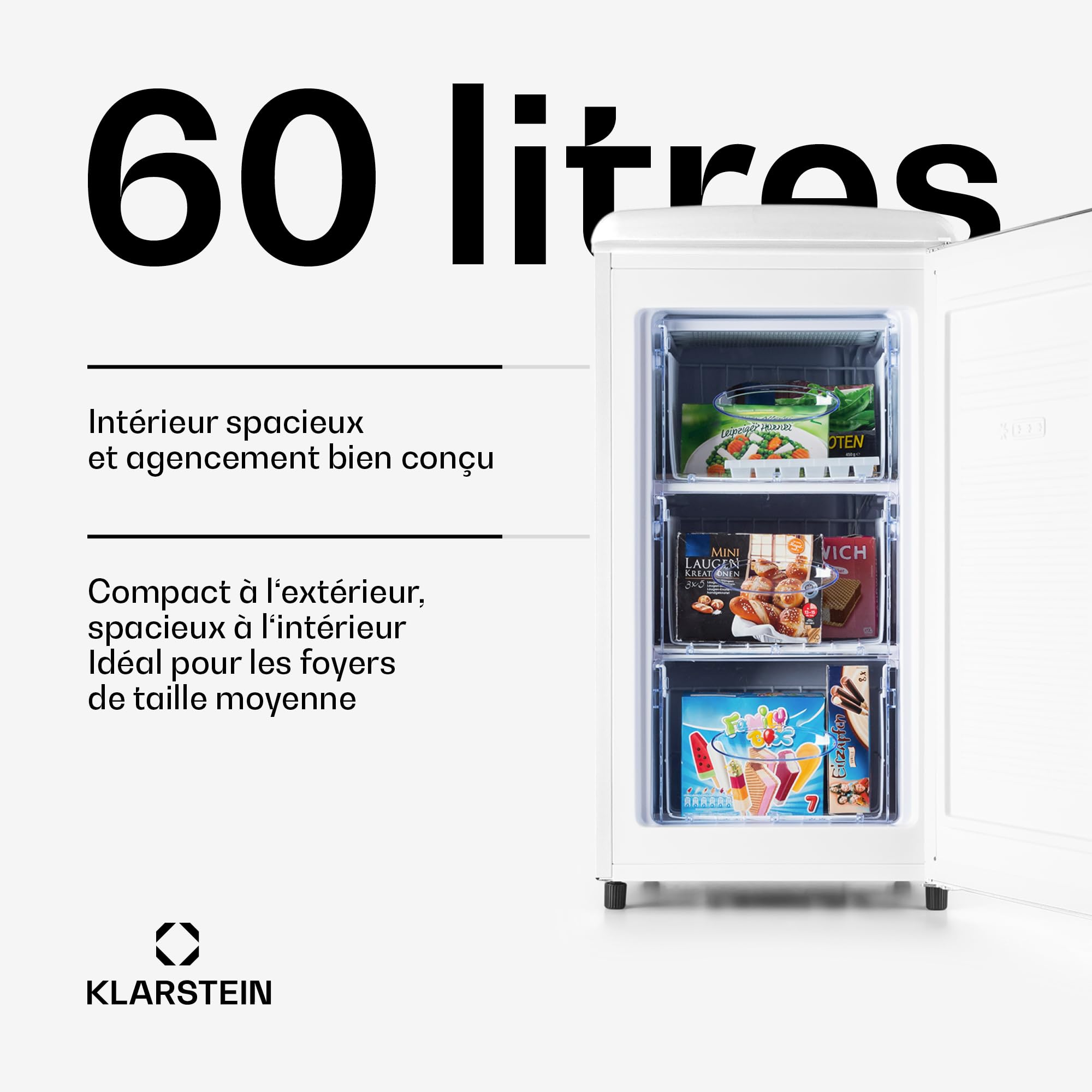 KLARSTEIN Laika Congélateur 60 L -15 à -24°C 3 grilles design rétro crème