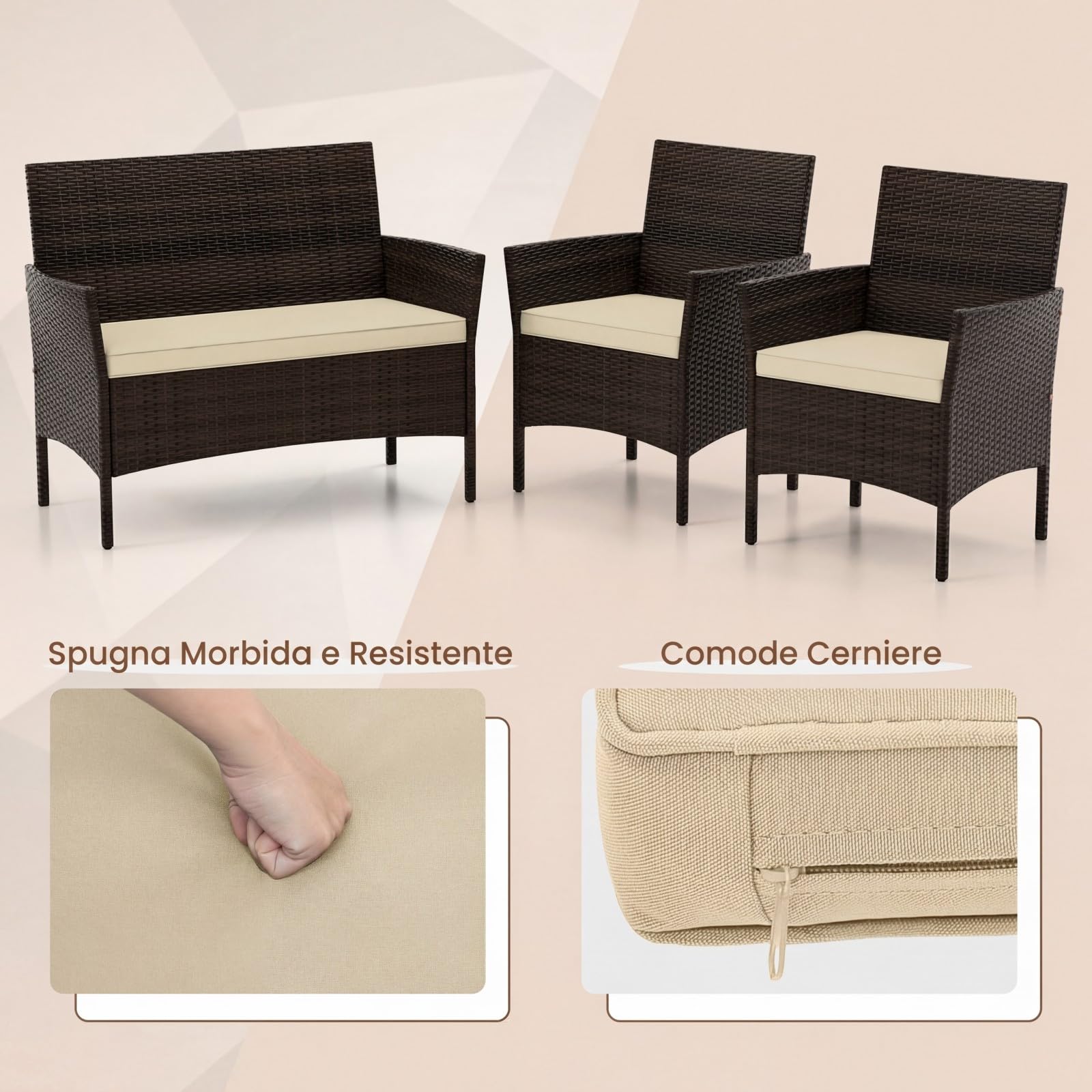 SOARS Salotto da Giardino Esterno 4 Pezzi, Set Giardino Esterno con Divanetto, 2 Poltrone e Tavolino da Caffè in Vetro Temperato, Salotto da Patio con Cuscini per Balcone, Veranda (Marrone+Beige)