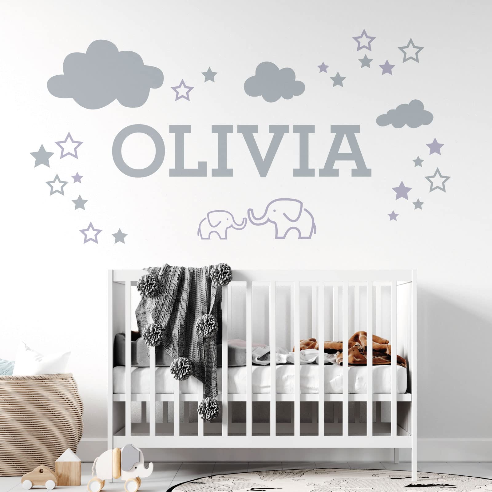 Elephants, Clouds & Stars - Personalised Name Nursery Wall Sticker [Medium] [Light Grey]