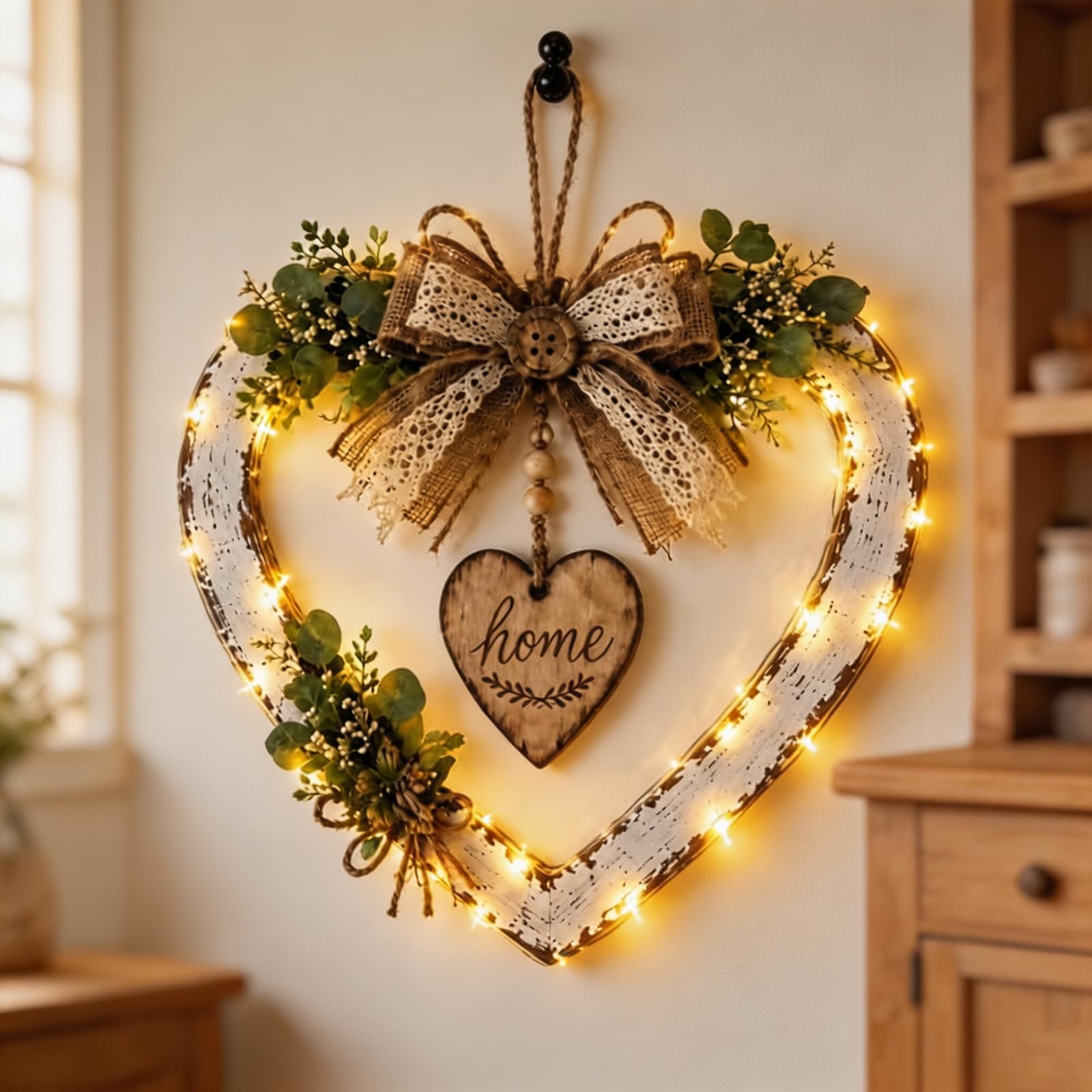 Rustic Farmhouse Heart Wreath with Home Sign, (#A-Light)