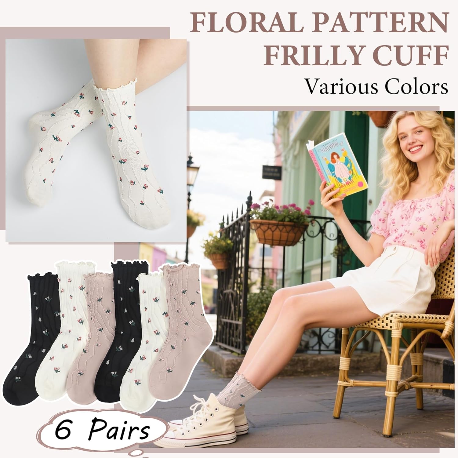 6 Pairs Cute Floral Ruffle Crew Socks Women, Breathable Cotton Novelty Casual Girls Above Ankle Funny Socks US 5-10 - Image 6