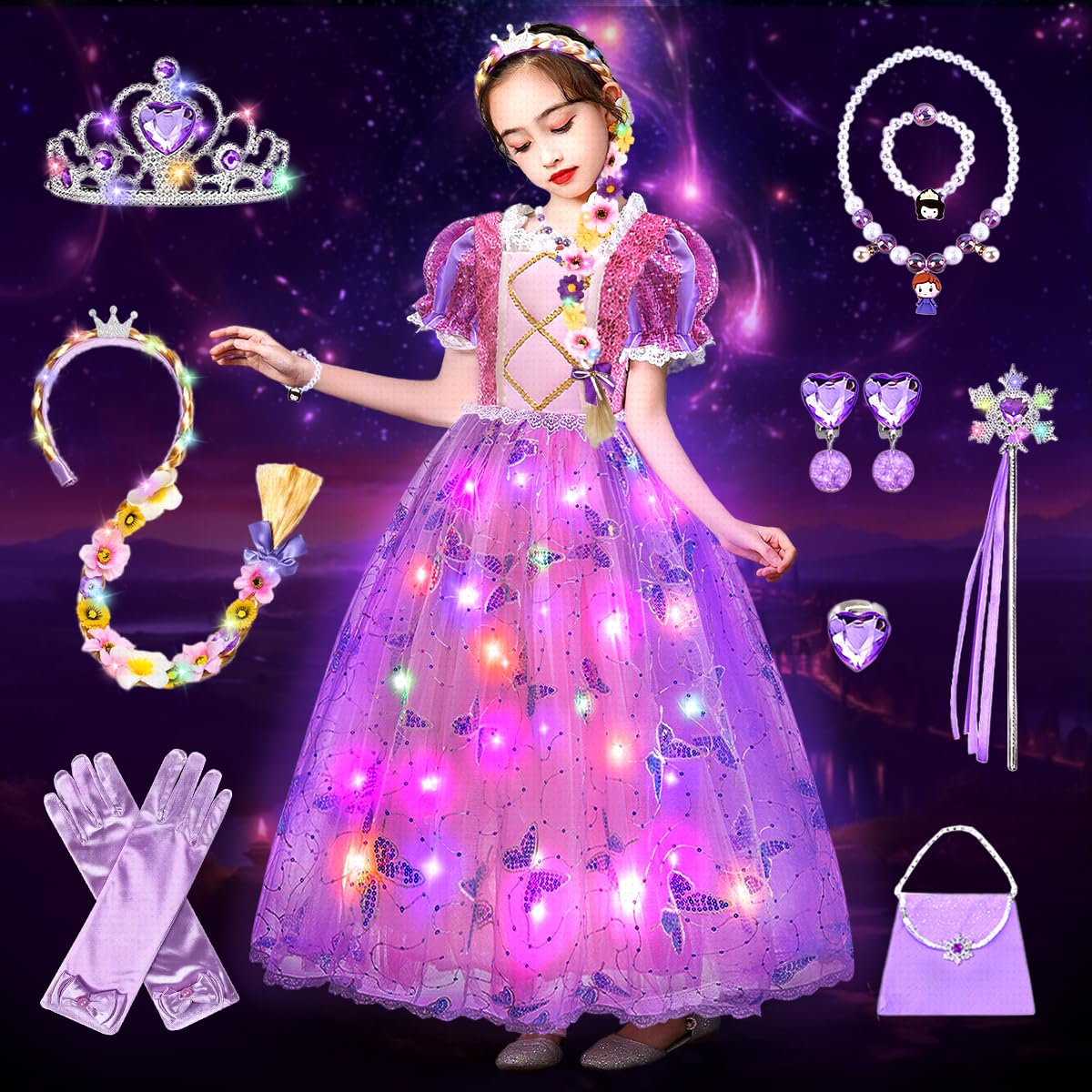 Vestito Principessa, LED Costume Principessa Bambina con Set Corona Principessas Luminoso, Vestiti Costume Carnevale, Vestito da Principessa per Cosplay
