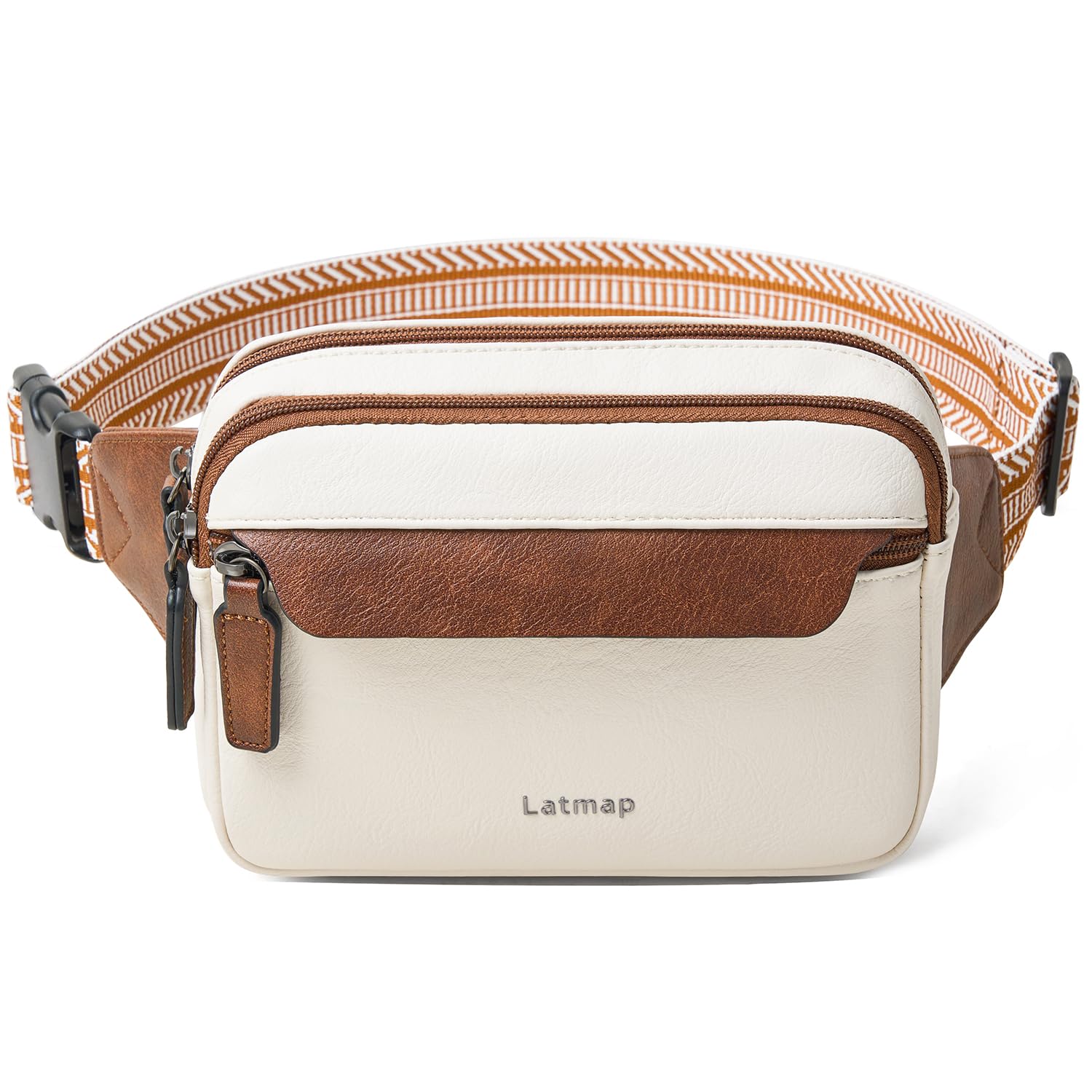 LATMAP 3L Fanny Packs for Women Cross Body Bag Vegan Leather Chest Belt Bag Fashion Waist Pack Small Bum Bag Crossbody for Travel Running Workout, Beige with Brown