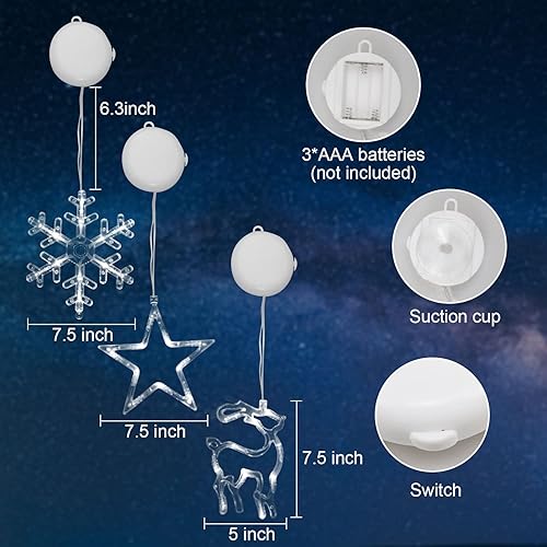 Miniatura 6 de Decoraciones de Navidad 3 luces de ventana de Navidad alimentadas por pilas decoración de ventana de Navidad árbol y cascabel campana y estrella en