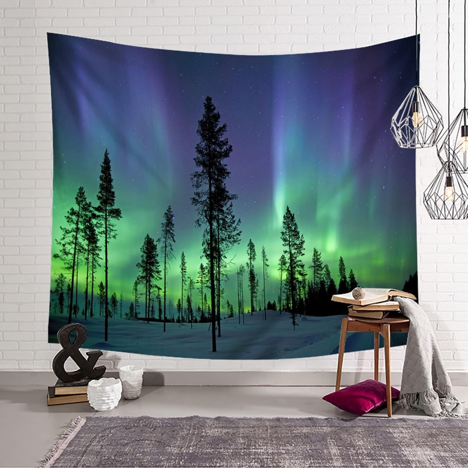 Tapiz bohemio grande, vintage, Aurora y árboles, azul, lila, verde, 240 x 220 cm