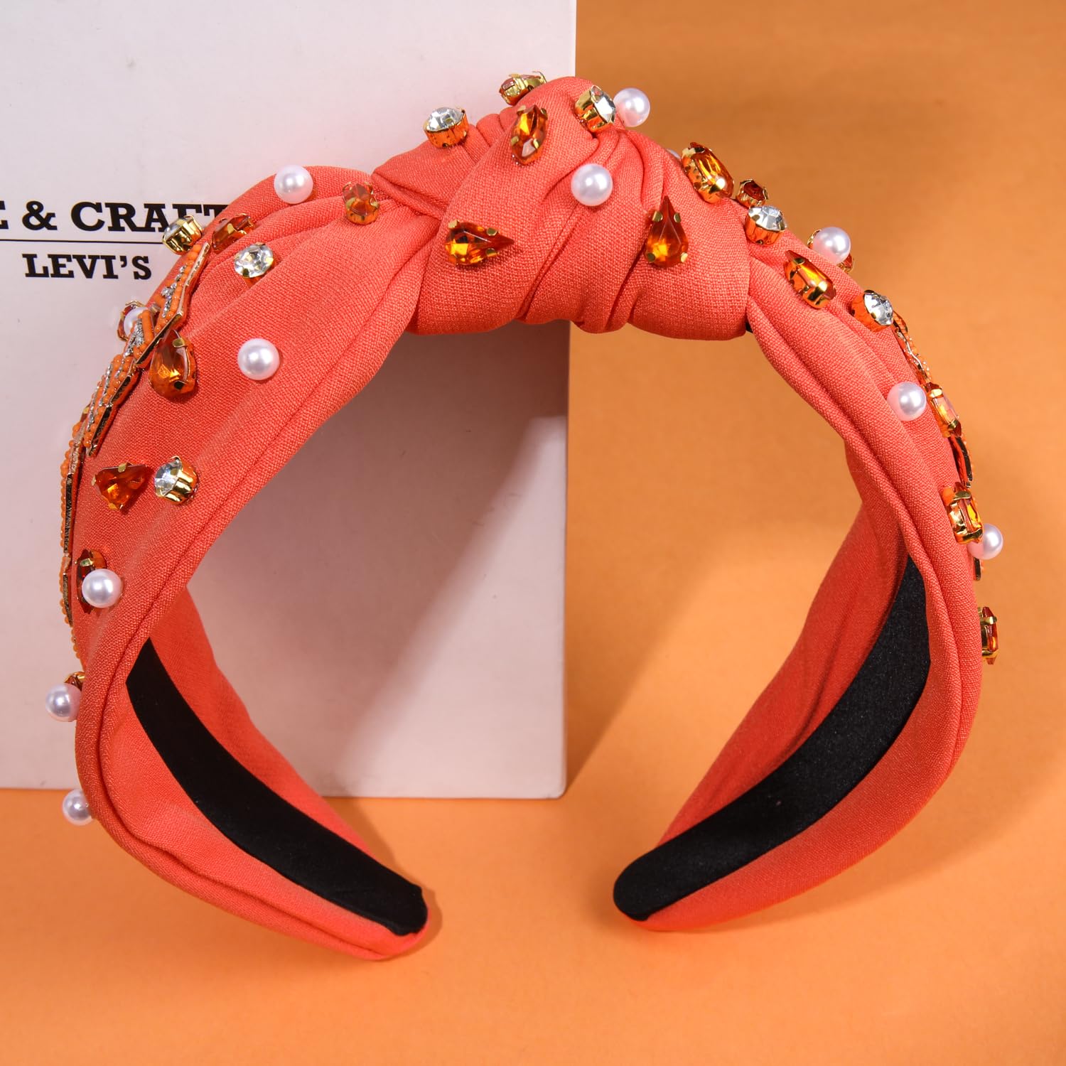 mokkia Beaded Rhinestone Headband for Women - Jeweled Wide Top Knot Sports Hair Accessories Gift (Orange) - Image 3