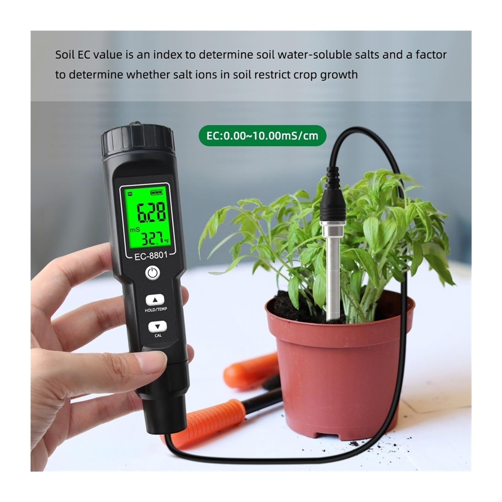 Feuchtigkeitsmesser, Digitaler EC/Temp Bodentester 0,00 ~ 10, ms/cm Leitfähigkeitsmessgerät Sensor Erdanalysator mit ATC Pflanzgarten Outdoor für Garten, Bauernhof(EC-8801B)