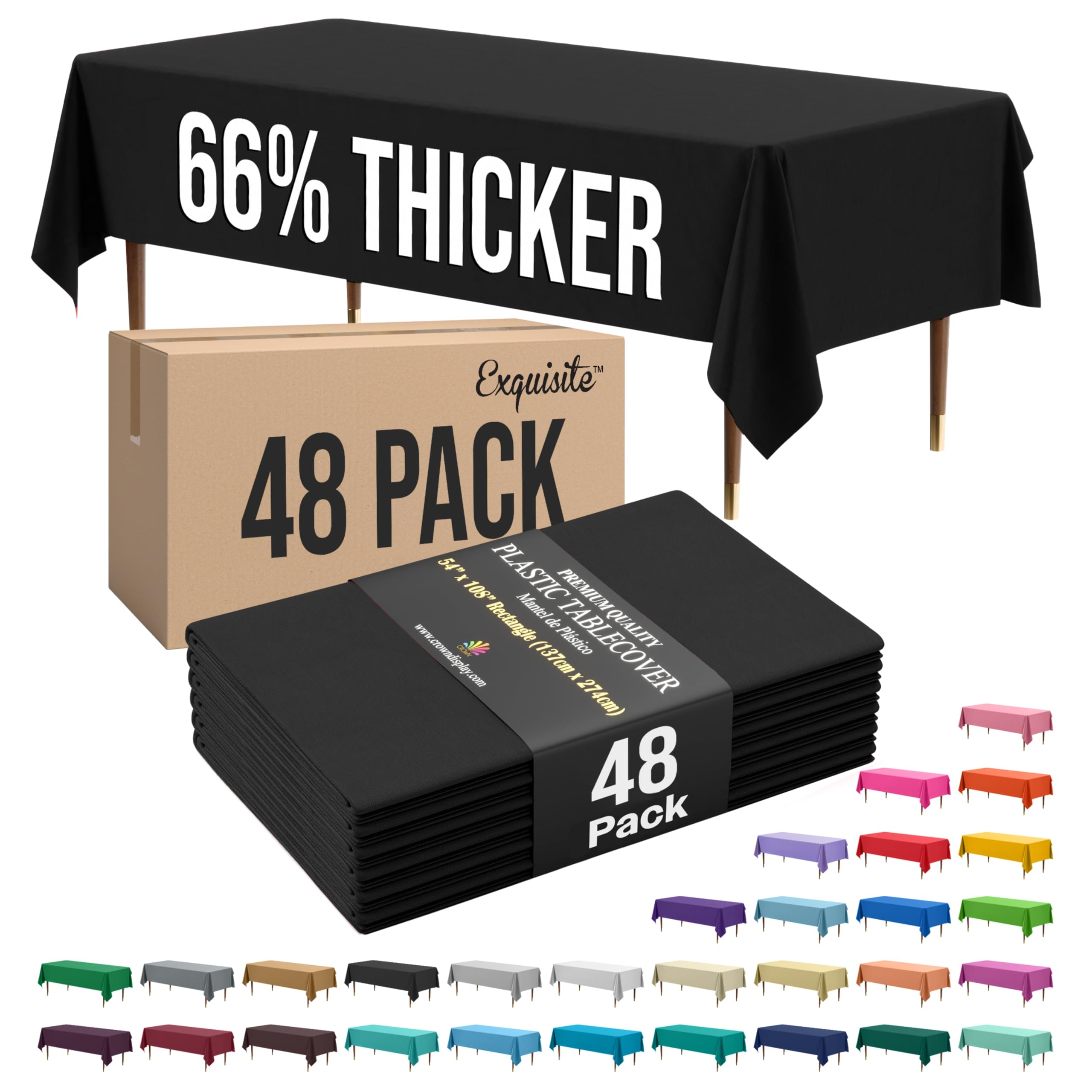 Exquisite 66% Thicker Black Rectangle Tablecloth 54"x108" - 48 Pack