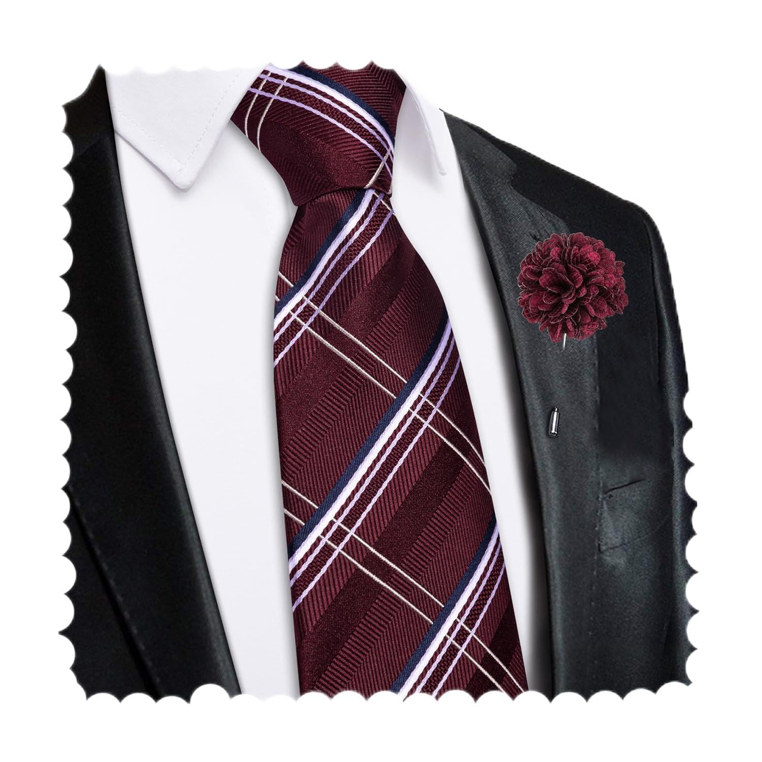 Hi-Tie Zipper Ties for Men Pre-tied Tie Set Lapel Pin Pocket Square and Cufflinks Formal Business Wedding Adjustable Necktie