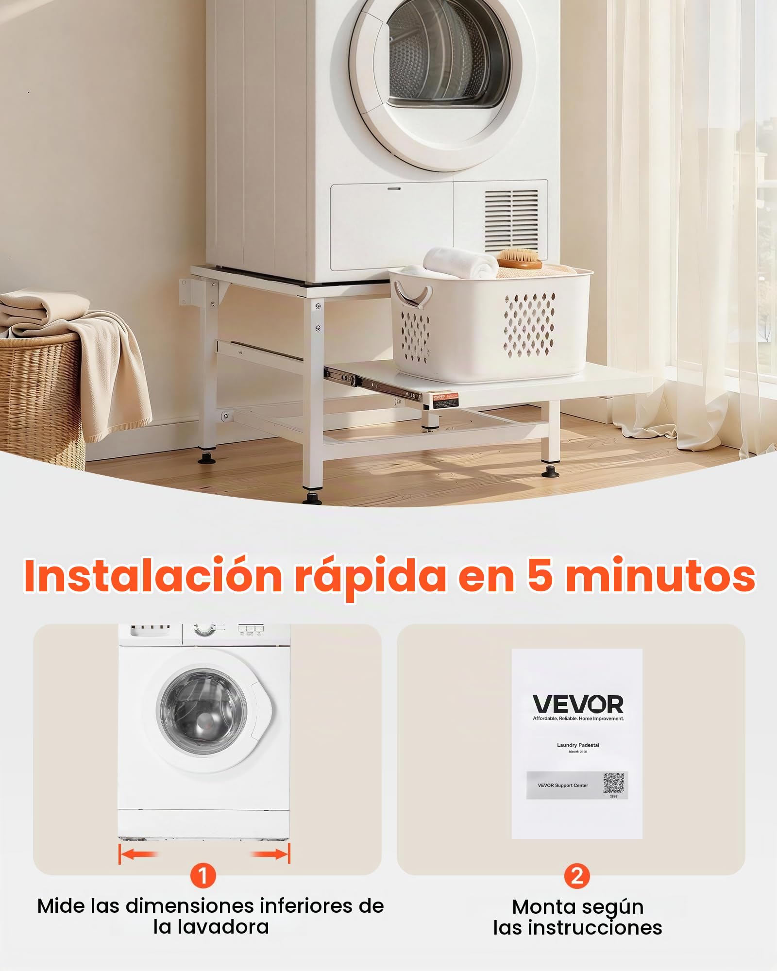 VEVOR Soporte para Lavadora Alto de 430 mm, Base de Lavadora de Acero Resistente, Capacidad de Carga de 318 kg, Pedestal Universal para Secadora con Bandeja Extraíble, Patas Antideslizantes, Blanco