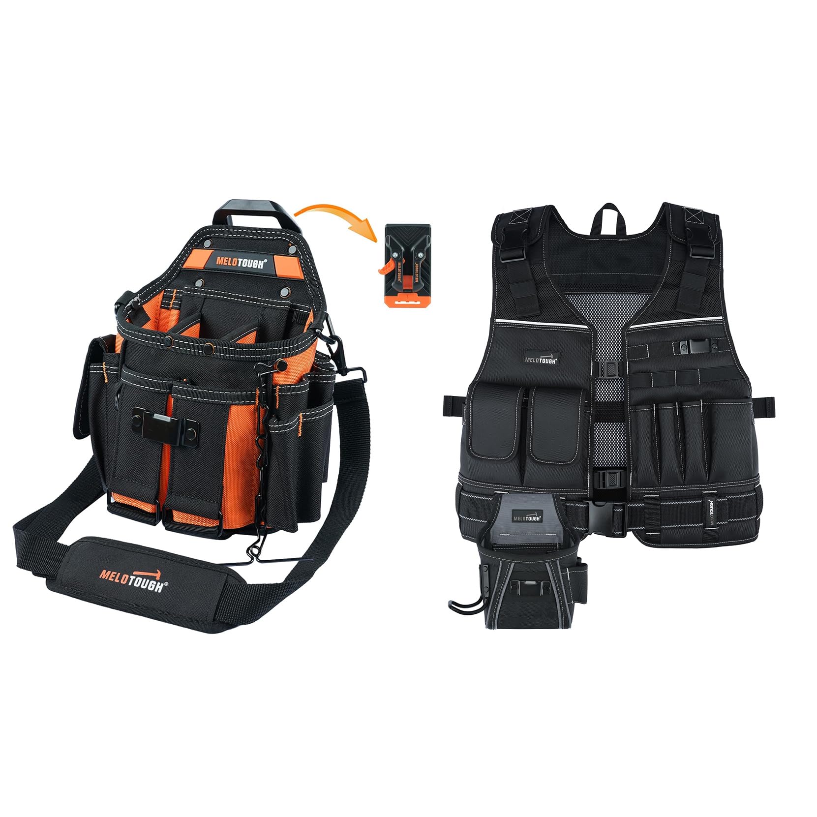 MELOTOUGH Electrician Tool Pouch Bag with Shoulder Strap, Tool Vest for Men with Pouches and Belt, Adjustable Multi-Pocket Safety Tool Vest with Reflective Strips for Carpenter, Electrician