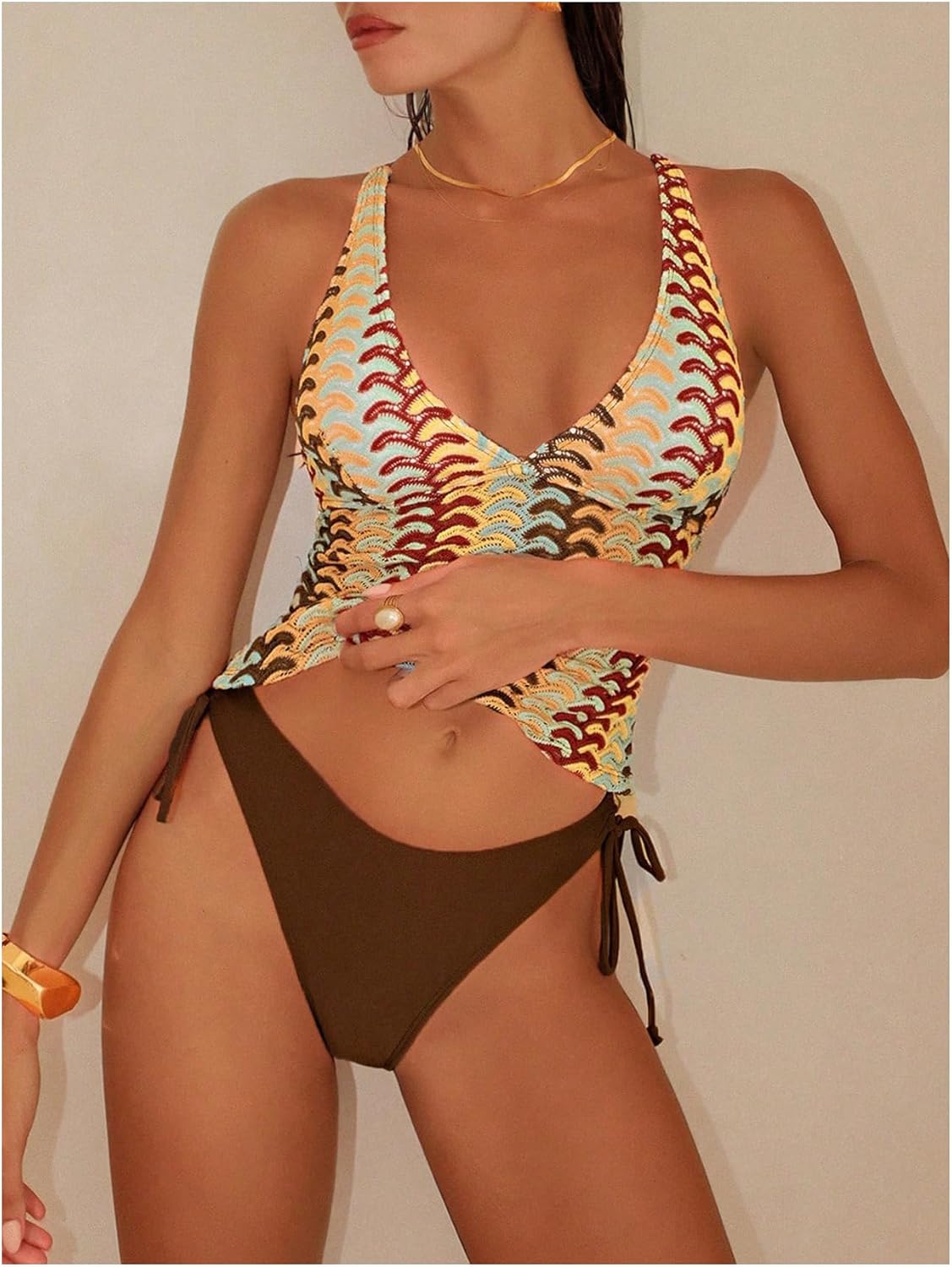 Floerns Women's Tankini Sets Criss Cross Jacquard Halter Swimsuit Tie Side Bathing Suit