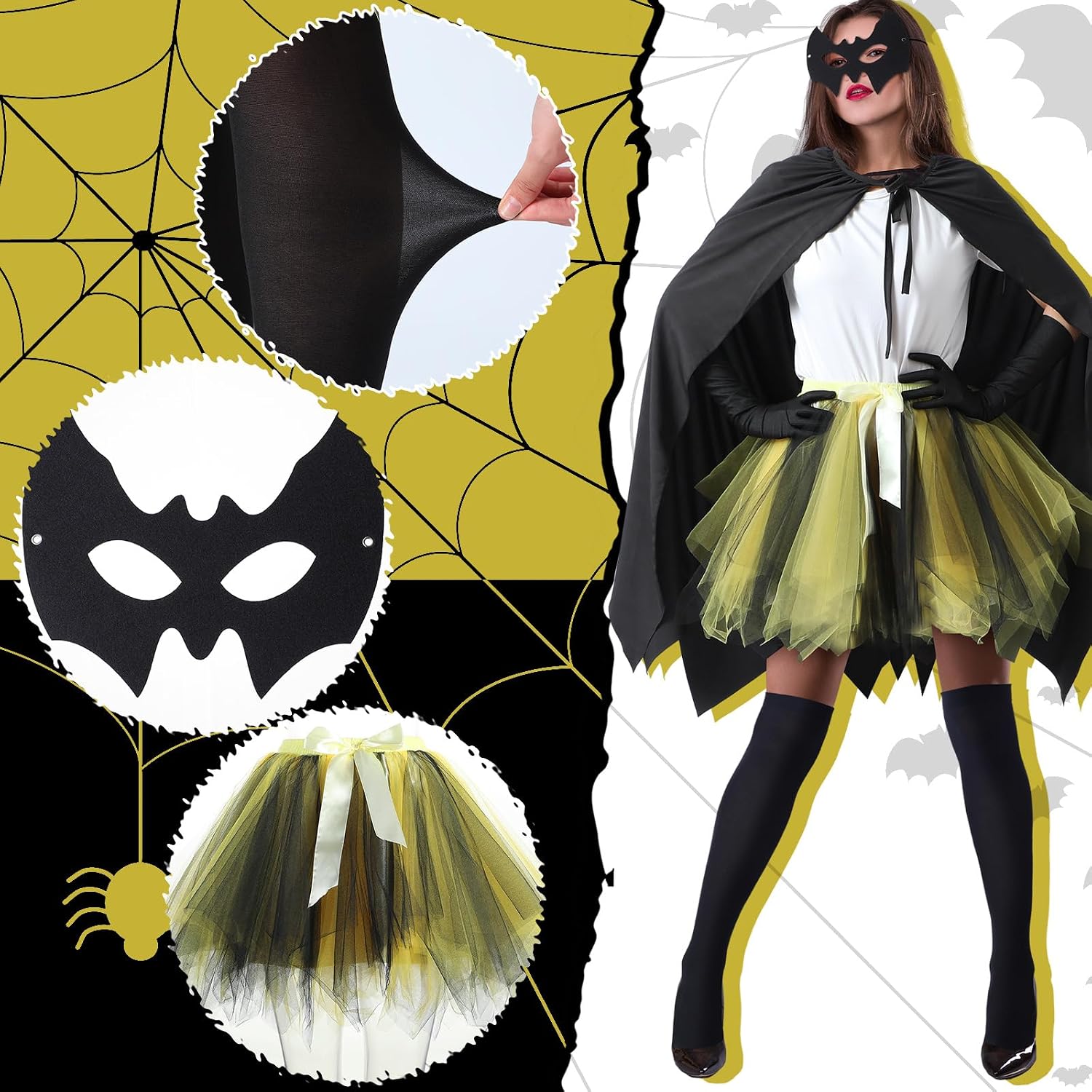 Jecery 5 Pcs Halloween Bat Costume for Women Adult Halloween Cosplay Accessories Include Black Cloak Gloves Socks Face Mask and Yellow Short Skirt for Birthday Party Supplies Drama Masquerade