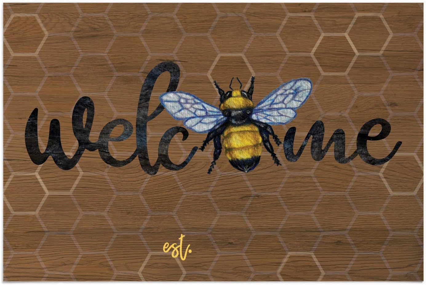 Personalized Planet Bumble Bee Honeycomb Welcome Doormat with Custom Personalization Printed on Brown Rectangular 1/8” Thick Non Slip Mat for Kitchen Hallway Deck or Porch, 27x18