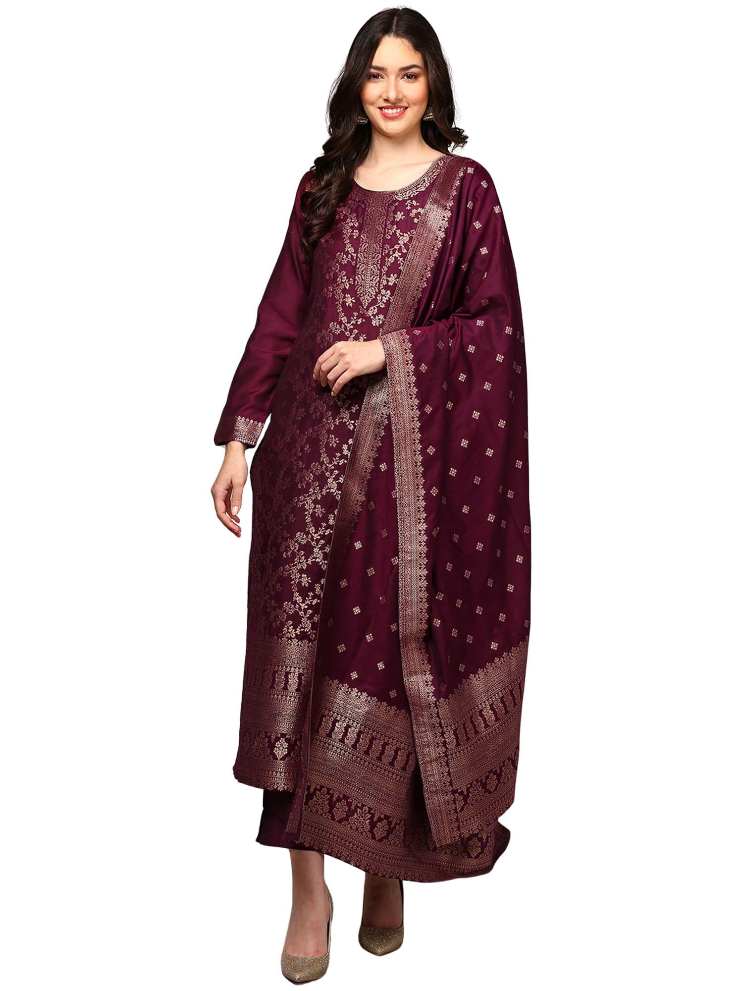 vaamsi Women's Chanderi Ethnic Motifs Woven Design Straight Kurta Pant With Dupatta With Cotton Inner-picture-33