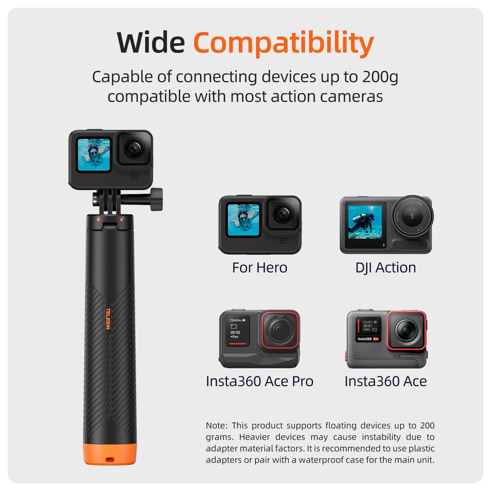TELESIN 4 in 1 Selfie Stick Floating Hand Grip Tripod Waterproof Extendable Selfie Monopod for Go-Pro Hero 13, 12, 11, DJI Action 5 Pro 4 3、Insta-360 Ace Pro 2 and Most Action Camera — Amazon image 9
