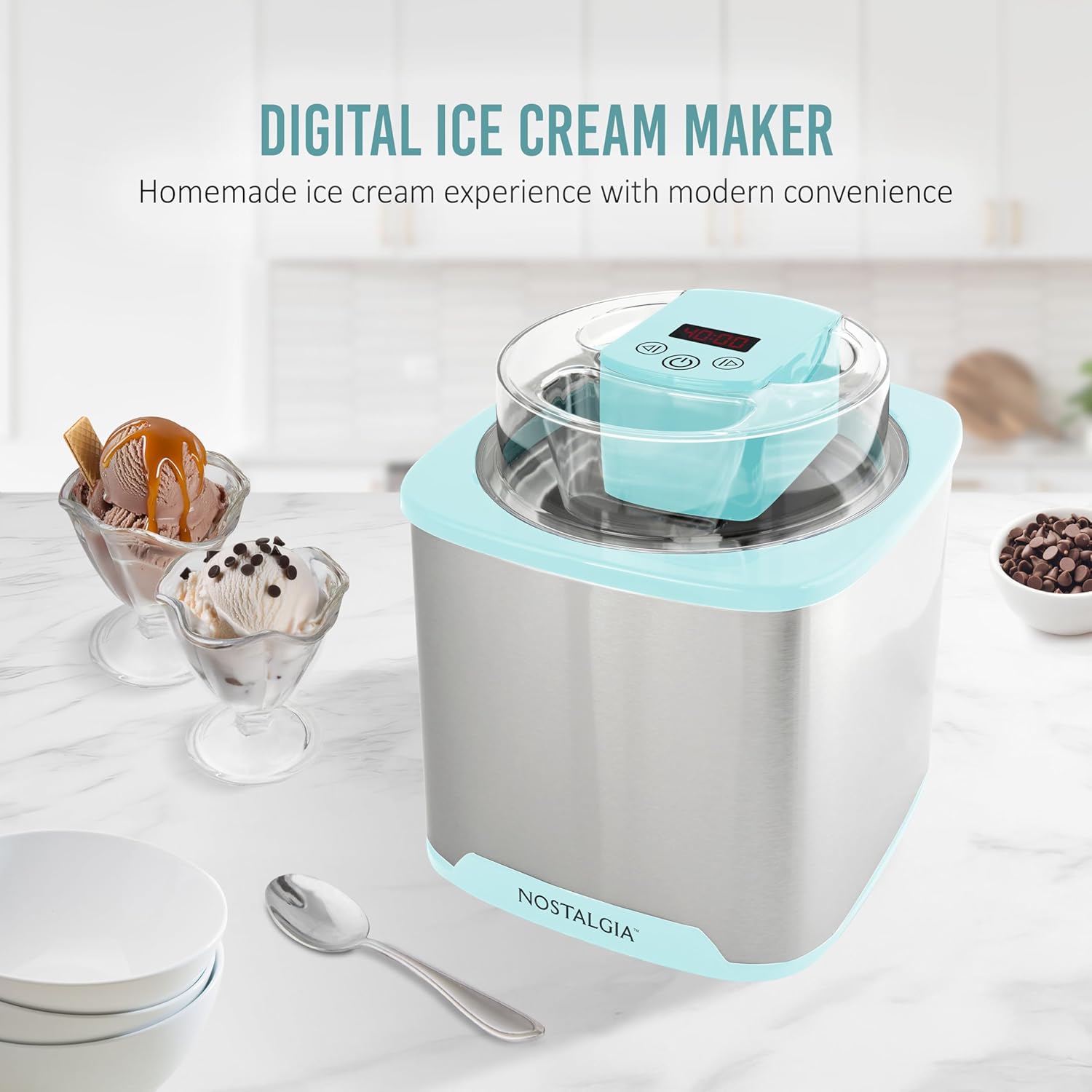 nostalgia 2-quart electric ice cream maker – make homemade ice cream, gelato, sorbet & frozen yogurt – no salt/ice needed, digital controls, mix-in chute & freezing gel canister – stainless & aqua 2 qt digital stainless aqua