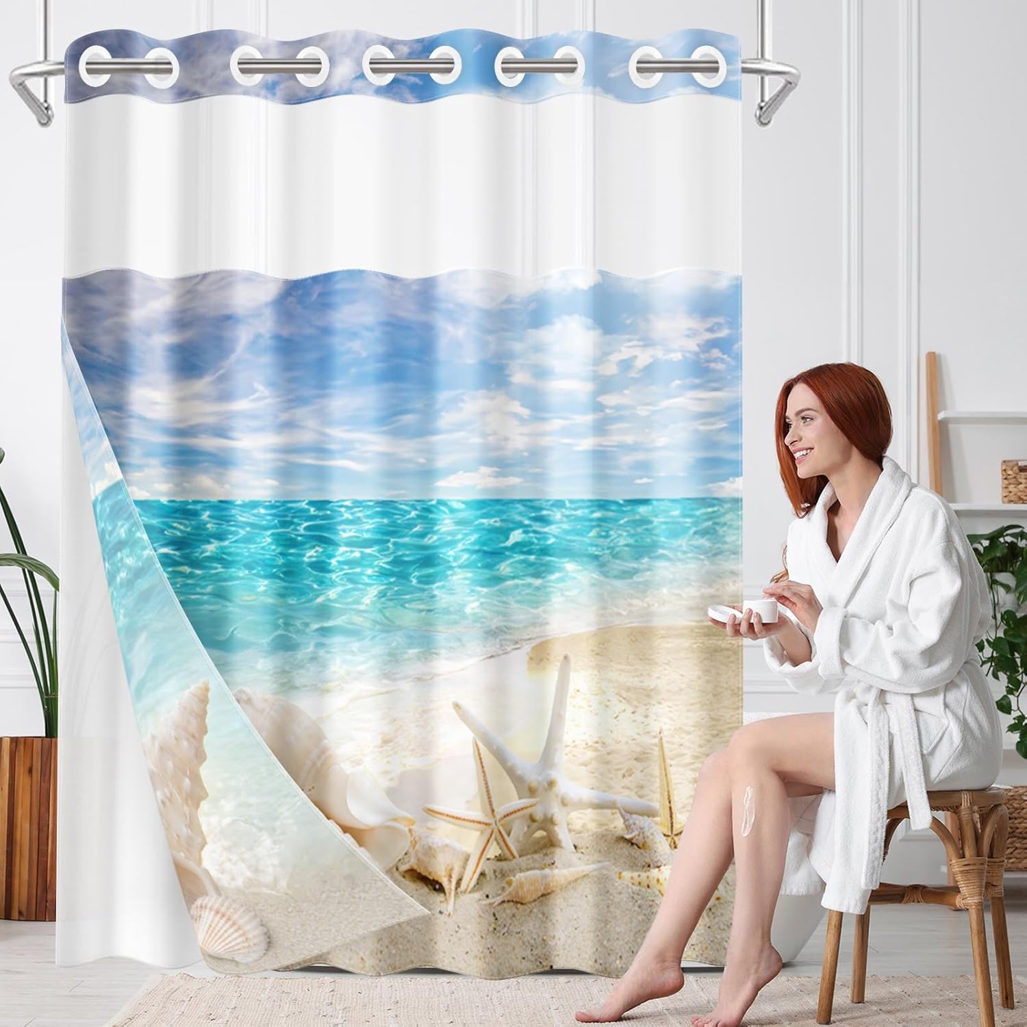 No Hook Beach Summer Shower Curtain with Snap in Fabric Liner Set, Starfish Seashell Sea Double Layers Waterproof Fabric with See Through Top Window Open Grommet Bath Curtain 71x74 Inch