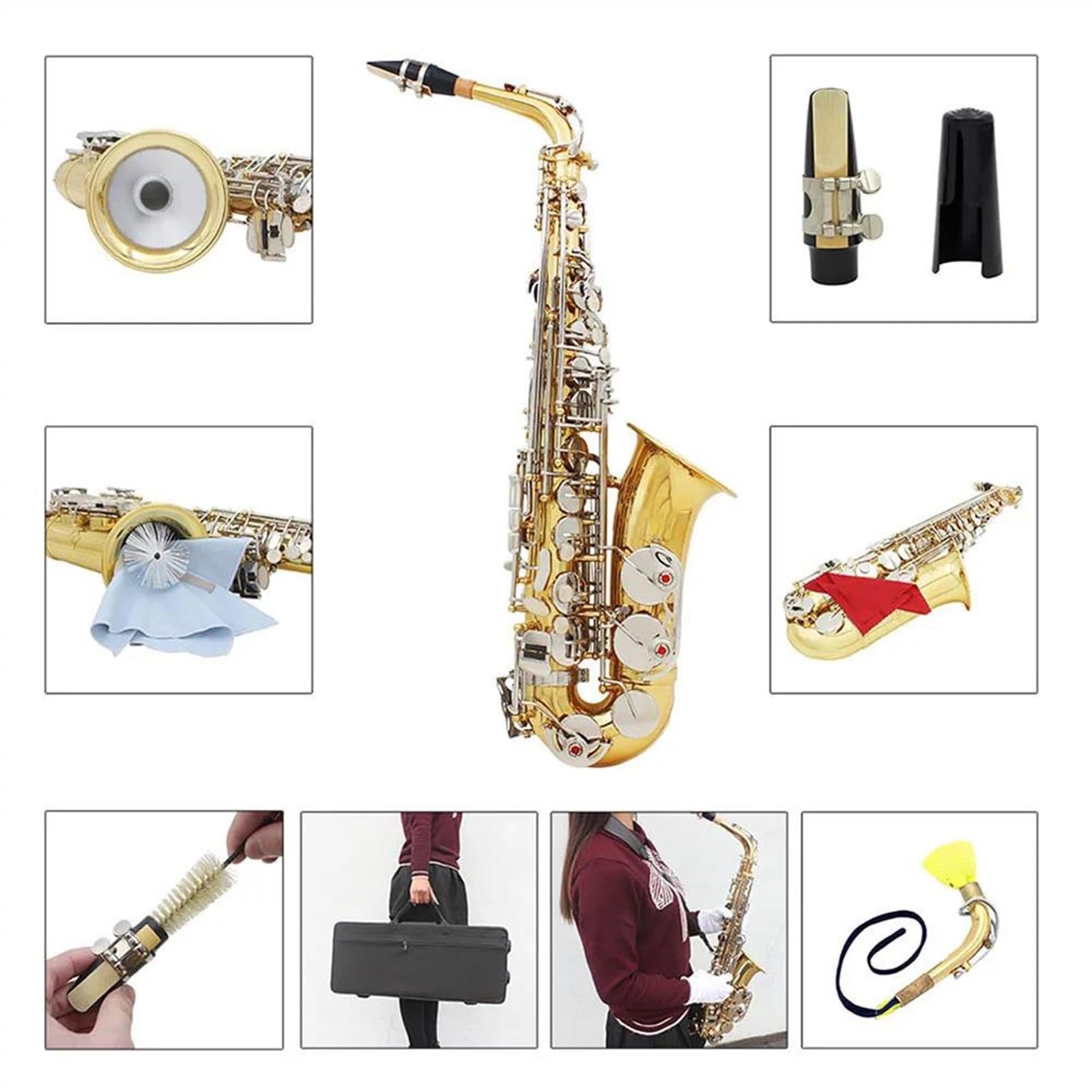 Sassofono per Studenti, Amanti della Musica, Sassofono Contralto in Mi bemolle, Ottone Laccato Oro, Custodia, bocchino e Accessori, Oro, Oro e Argento,Gold Silver