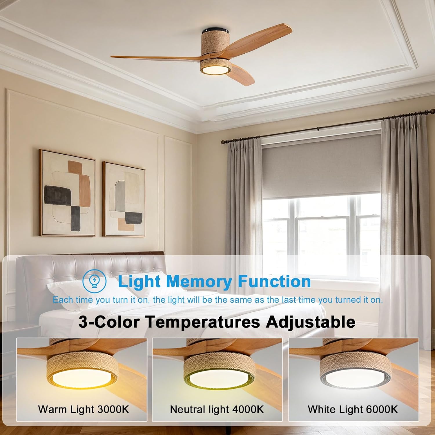 Wood Ceiling Fan with Light Flush Mount Ceiling Fans with Remote Control 6-Speed Quiet Ceiling Fan for Bedroom Living Room Farmhouse Porch Low Profile Modern Ceiling Fan Light 3 Blades
