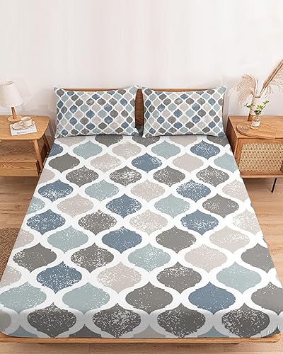 Juego de sábanas bajeras para cama de tamaño Queen, diseño vintage marroquí retro a cuadros, sábanas de 3 piezas, sábanas de bolsillo profundo para