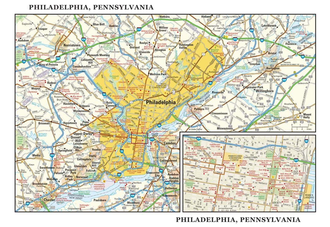 Philadelphia, Pennsylvania Wall Map, Large - 22.75" x 15.5" Paper