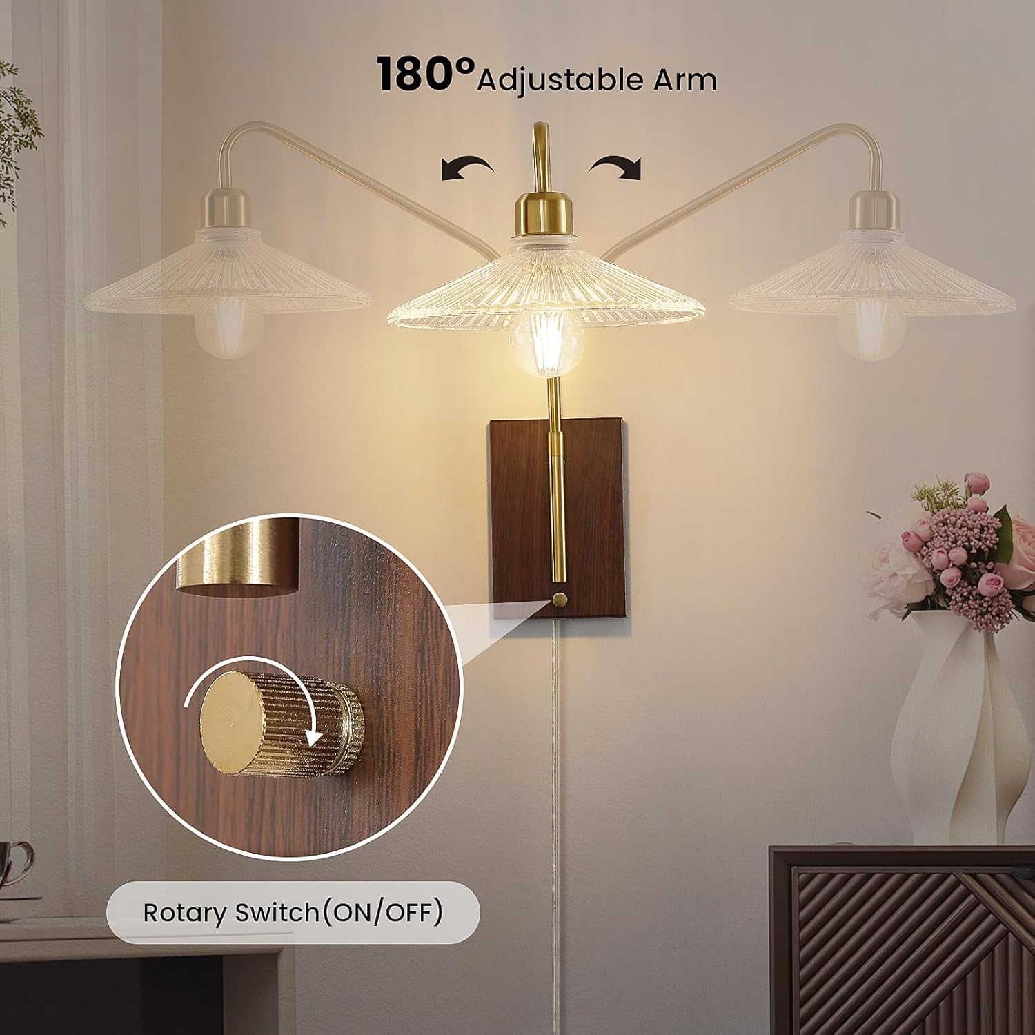 Plug in Wall Sconces, Gold Wall Sconces Set of Two with Glass Shade, Swing Arm Wall Lights Farmhouse Plug in Sconce Indoor Wall Mounted Lamp for Bedroom Bathroom Living Room (E26 Base)