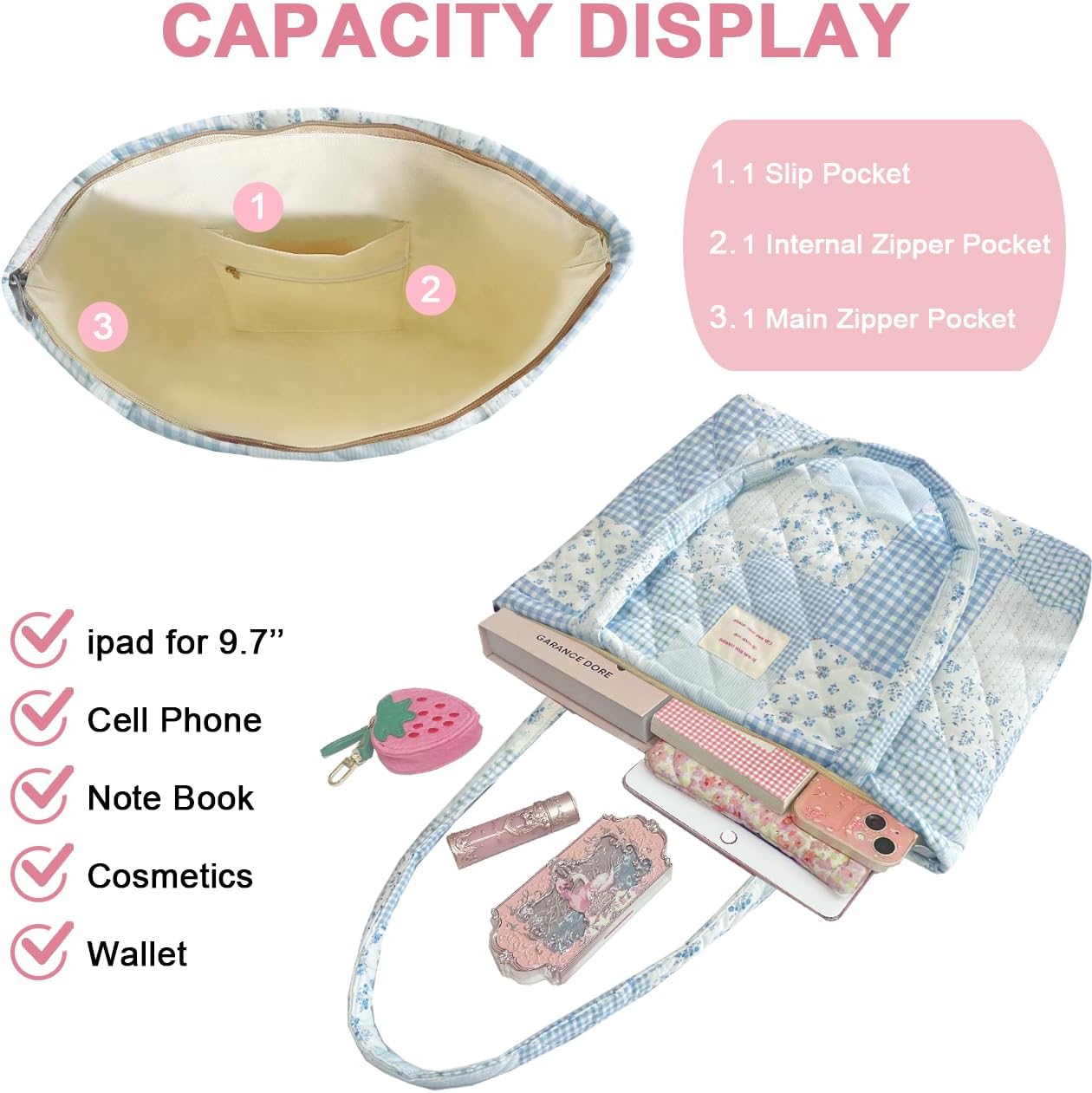 Small Floral Quilted Tote Bag with Zipper Closure for Women Girls - Image 4