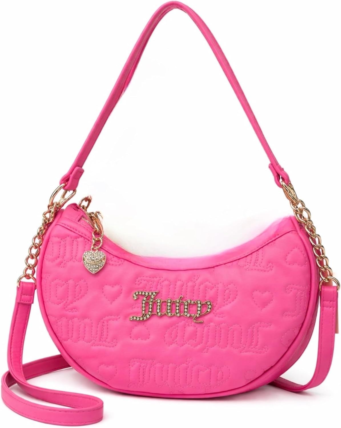Juicy Couture Embossed Heart Logo Mini Hobo Shoulder Bag with Adjustable Crossbody Strap and Gold Hardware (Hot Pink)