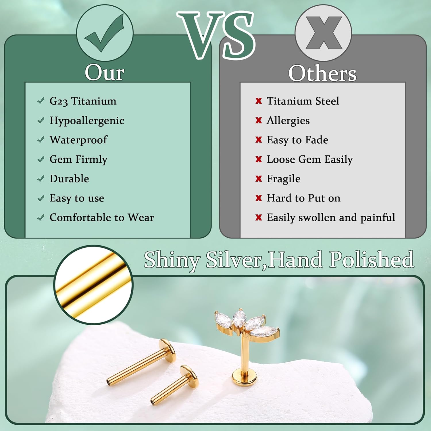 LOLIAS 16G G23 Titanium Tragus Conch Helix Piercing Jewelry 6mm 8mm 10mm - Internally Threaded Flat Back Stud Cartilage Earrings Hypoallergenic Forward Earlobe Labret Tragus Piercing Jewelry - Image 5