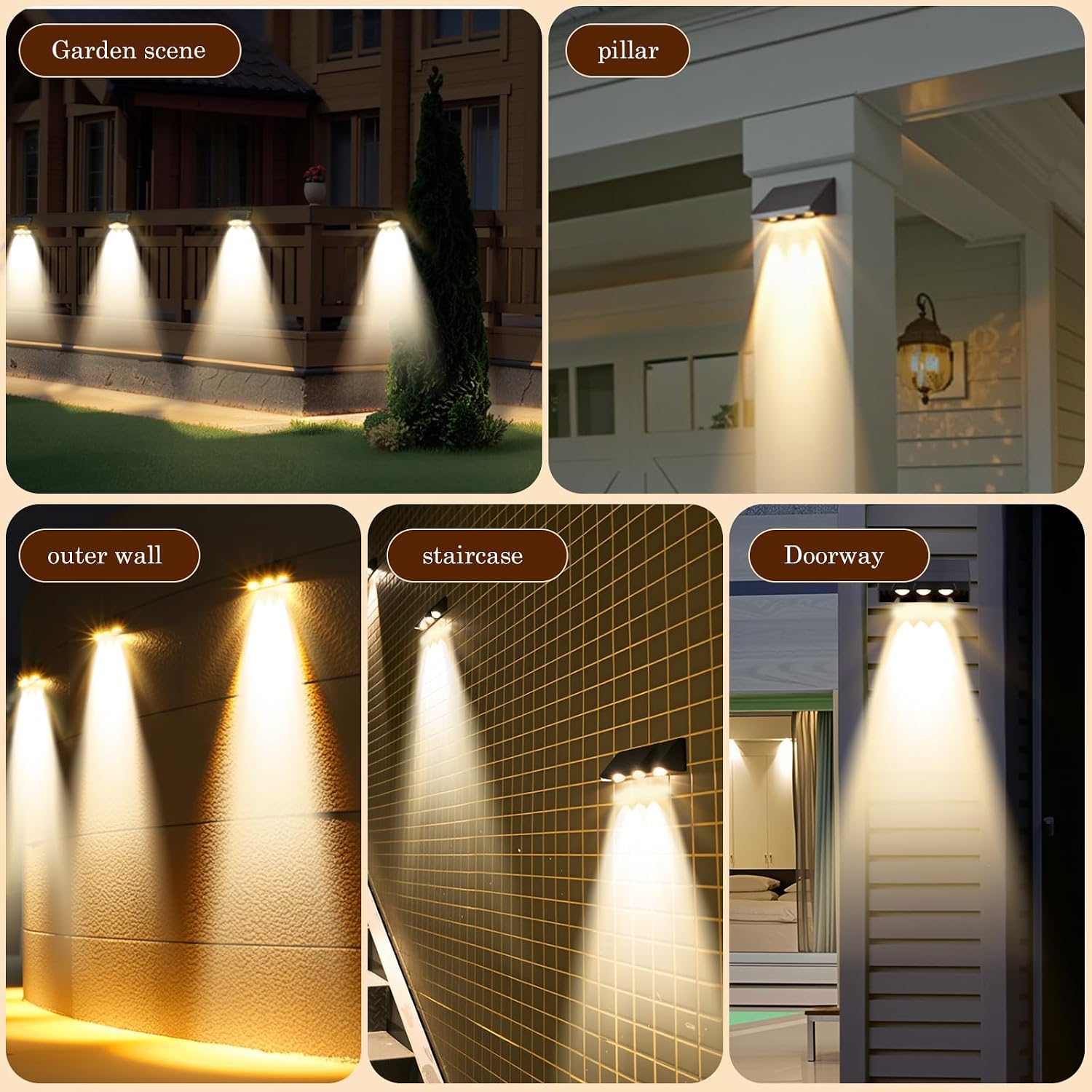 Solar Wall Light Outdoor-2 Pack, Three-Bulb IP65 Waterproof 60 Lumens, Warm White Lighting Auto ON/Off Deck Lighting for Wall for Patio, Backyard, Steps, Deck, Fence