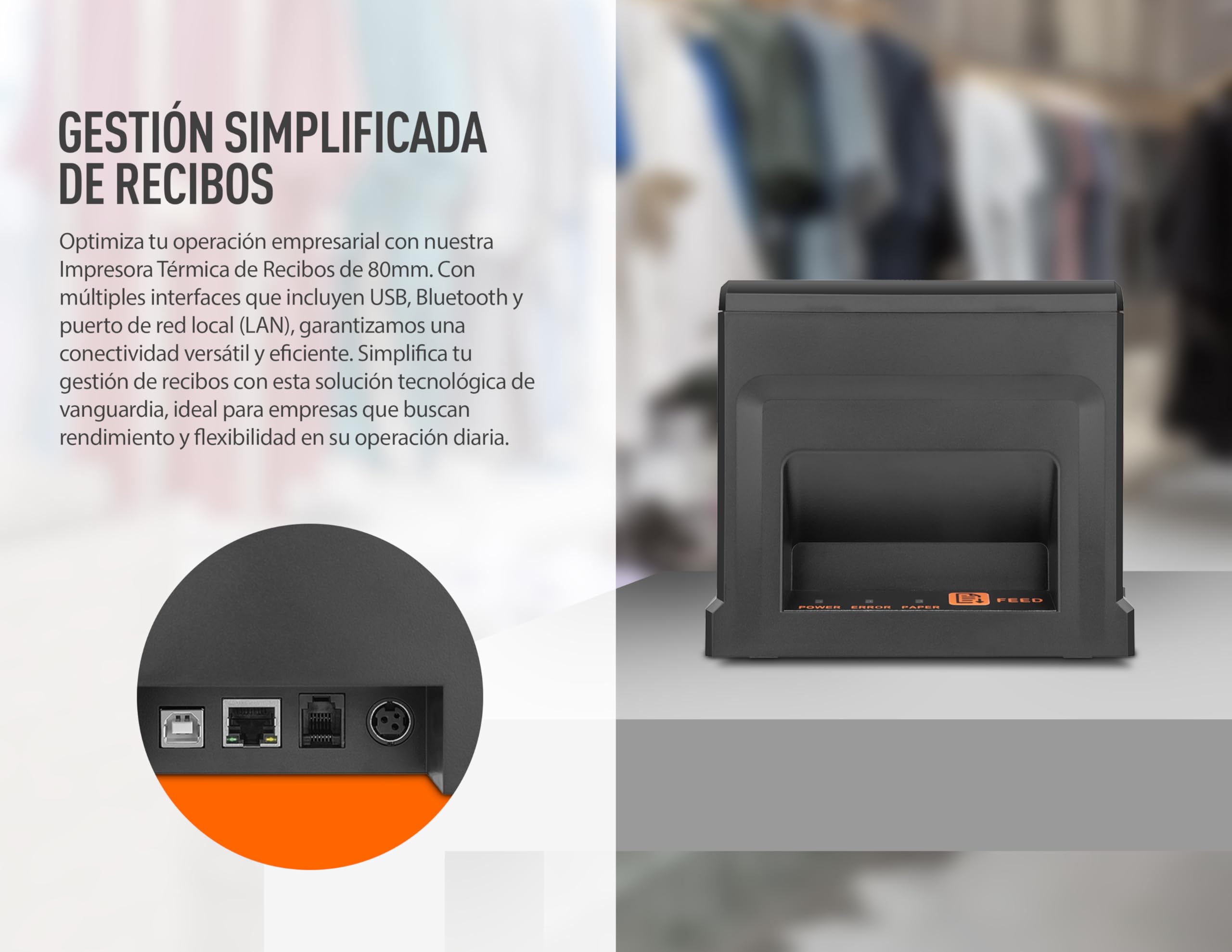 Stampante Termica per ricevute Qian Stampante POS da 80 mm Taglio Automatico ESC/POS | velocità 220 mm/s | Driver Windows, MacOS, Linux | Supporto a Parete | Connessione USB, LAN, Bluetooth