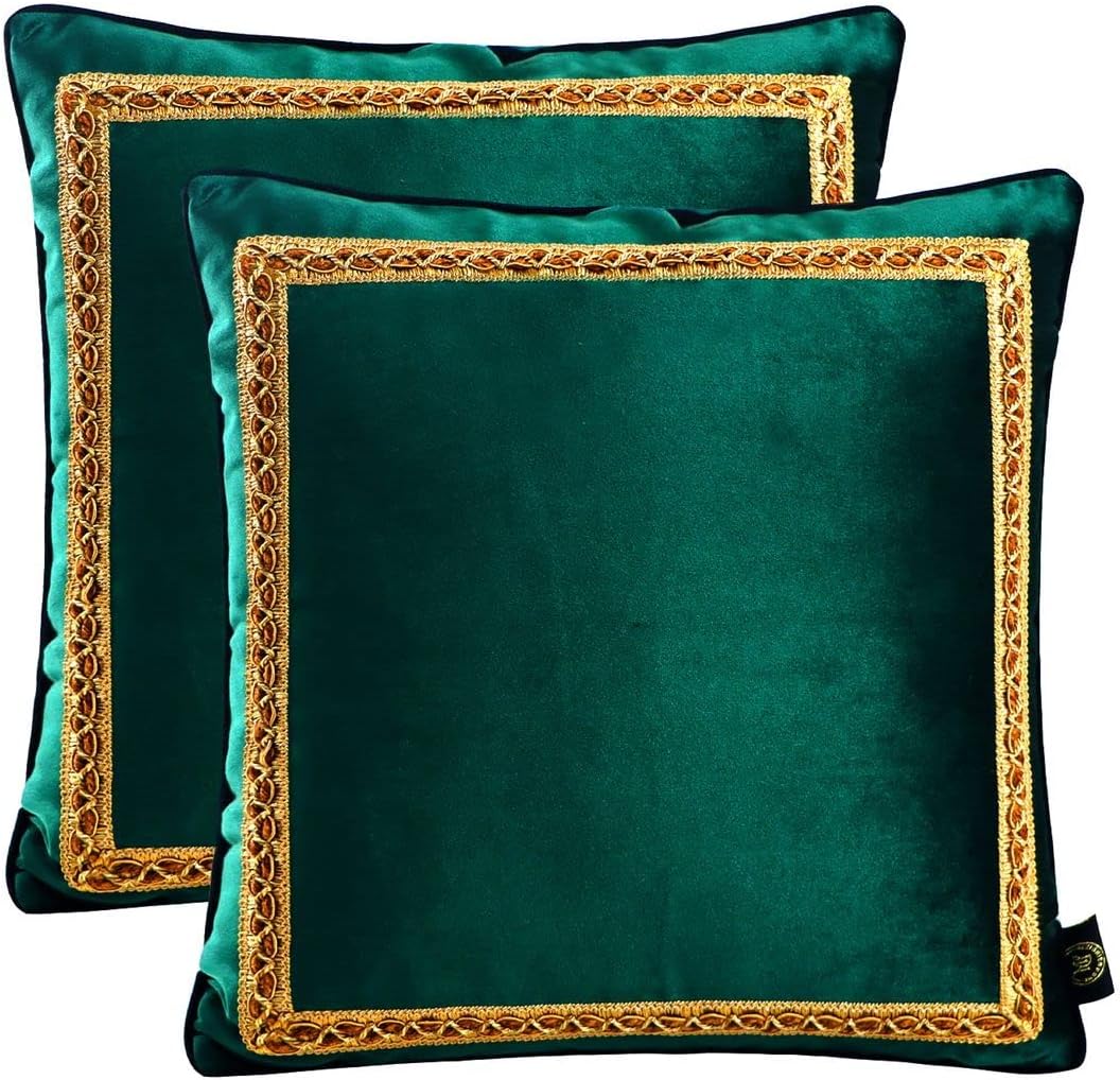 Decorative Velvet Throw Pillow Covers for Sofa Couch Bed Chair, Embroidery Pattern Design, Emerald Green, Pack of 2, 18x18 Inch
