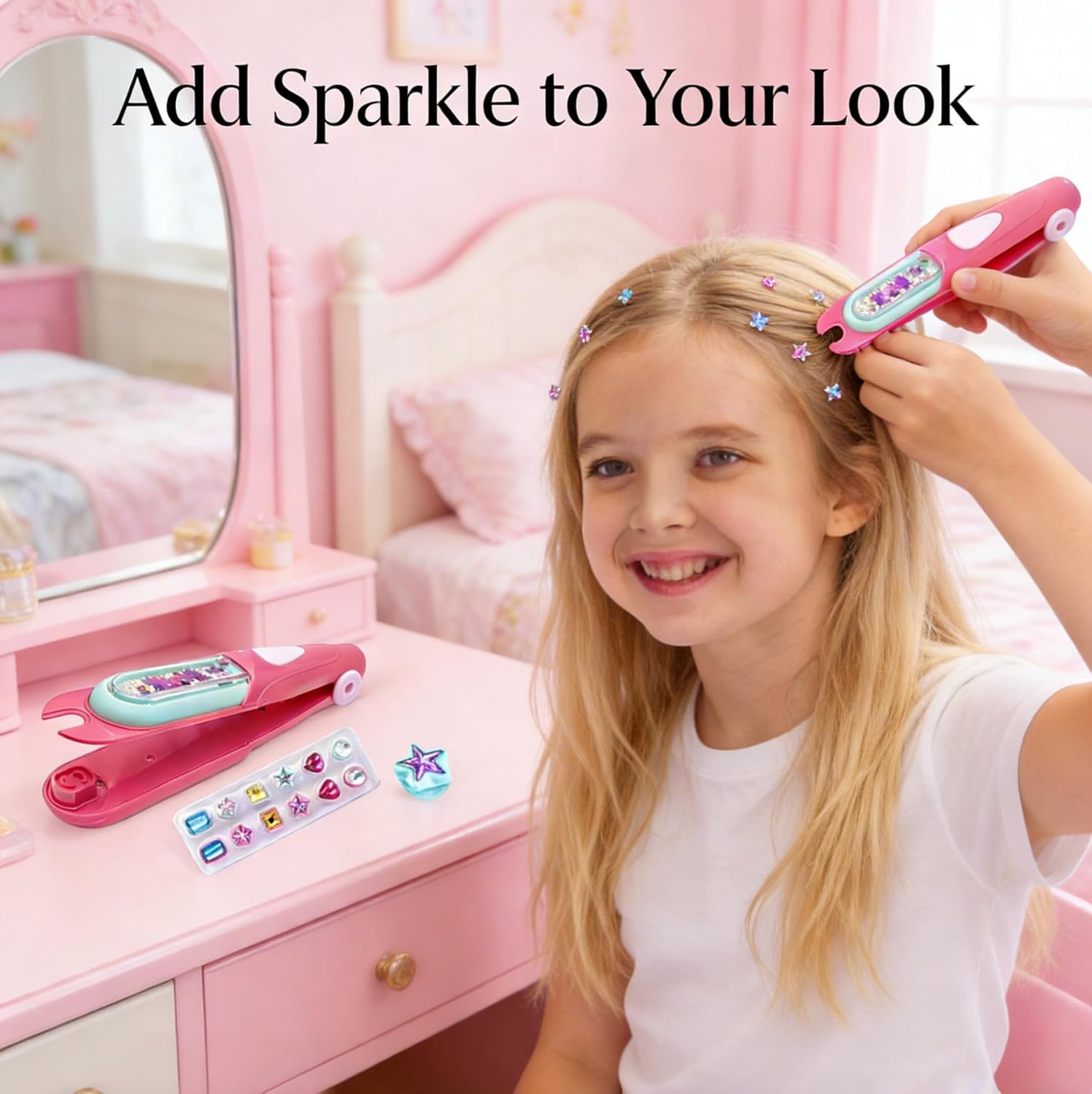 Sparkle Hair Gem Stamper for Girls - DIY Hair Accessory Kit with 24 Refill Gems, Easy to Use Glitter Hair Tool for Party & Birthday