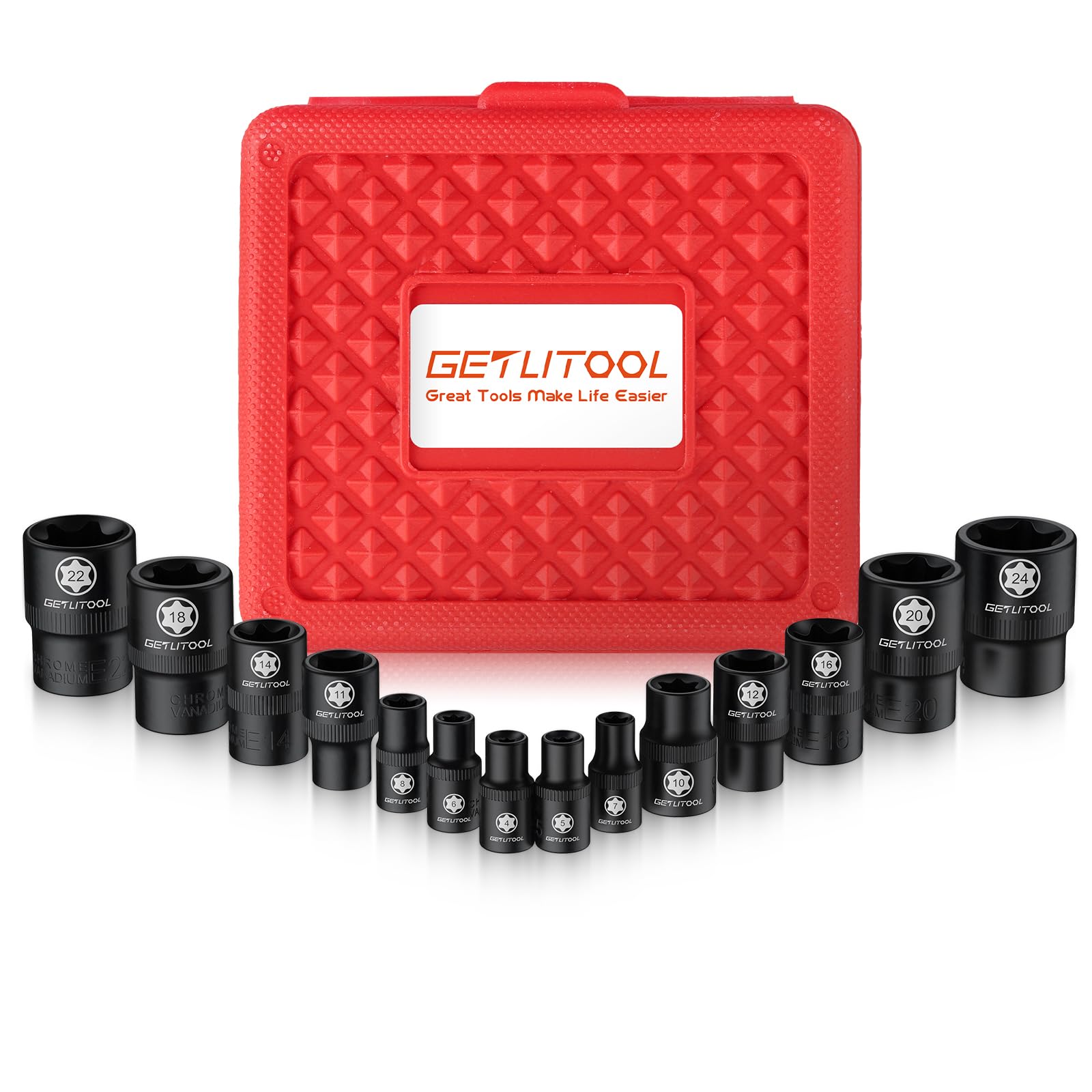 GETLITOOL 14 Pcs E-Torx Socket Set with Organizer Case, CR-V Steel E Torx Bit Socket E4-E24, Star Sockets with Laser Etched Size-Marked for Car Repair, Mechanic Maintenance, Men's Repair Tools