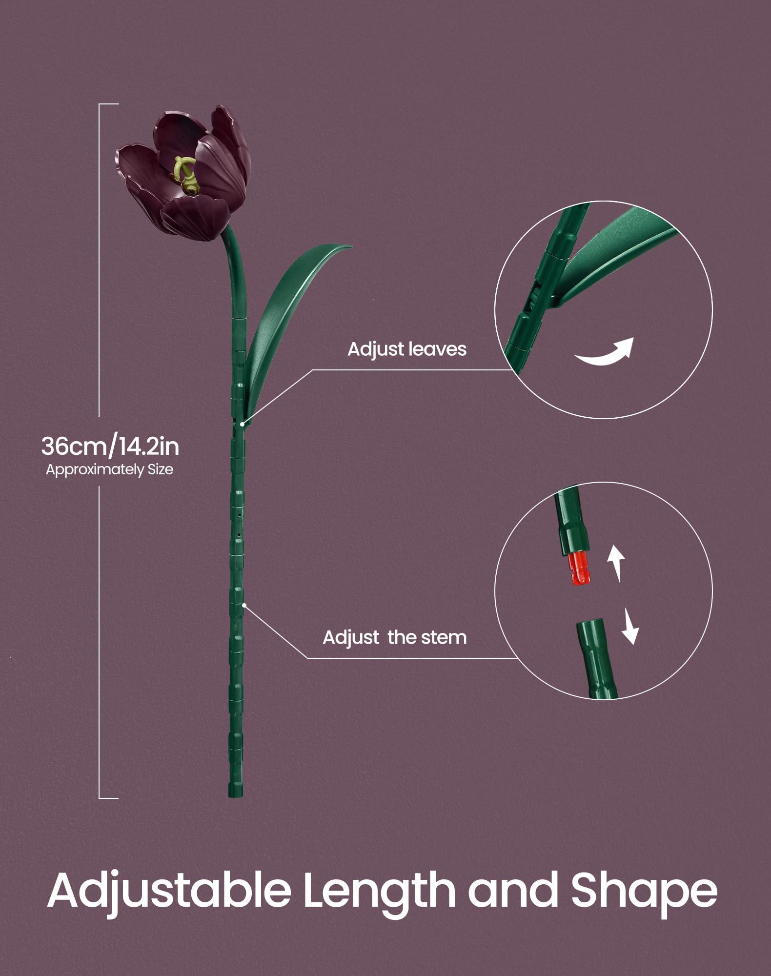 Juego de construcción de flores de tulipán morado oscuro, regalo para el día de la madre, ramo de plantas artificiales, colección botánica, kit de construcción, bloques de decoración de mesa