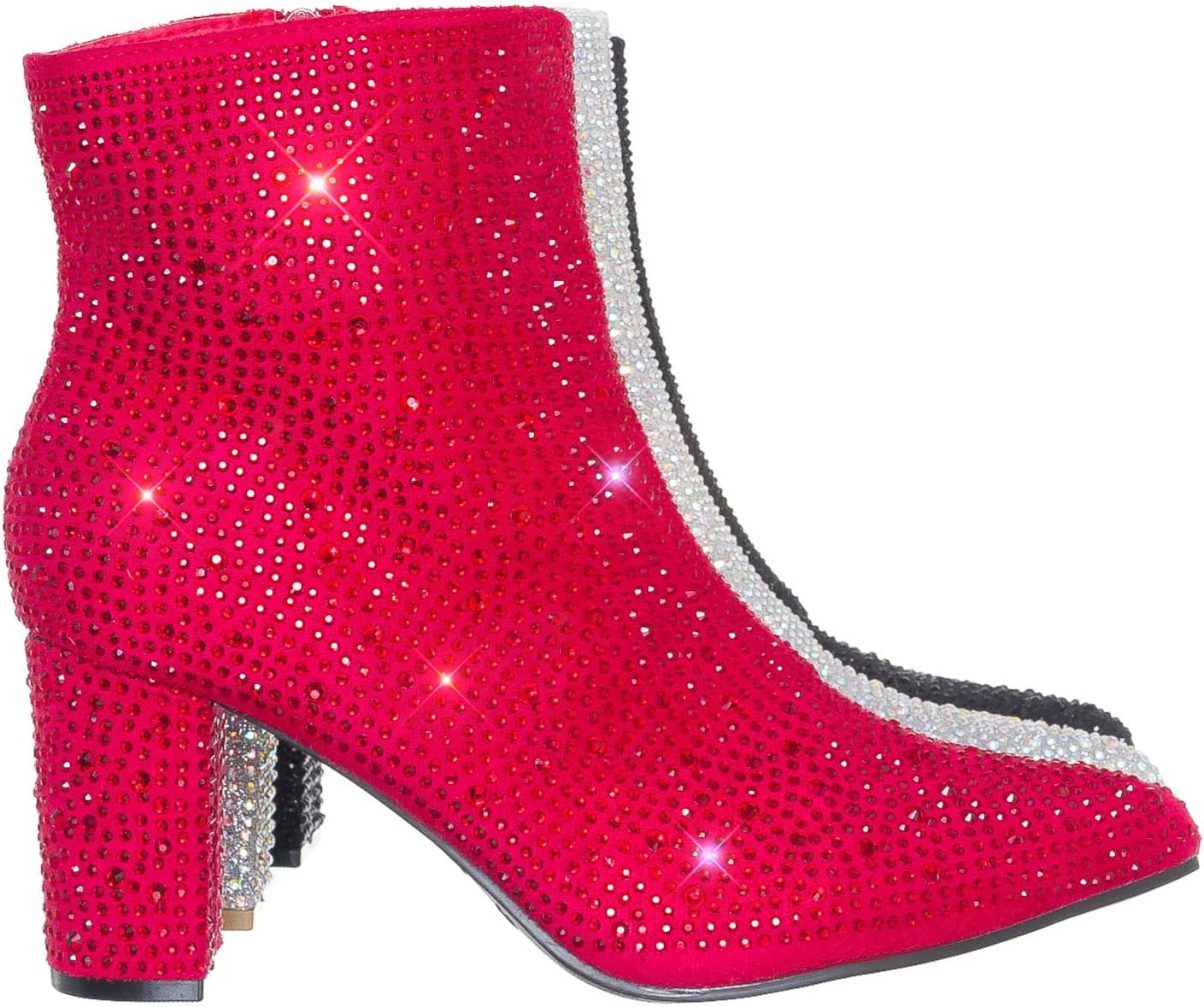 Women rhinestone block chunky heel ankle bootie