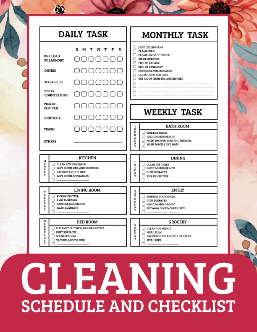 Cleaning Schedule and Checklist: Daily Weekly and Monthly Cleaning Schedule Checklist Planner | Household Chores with Check Lists | House Cleaning