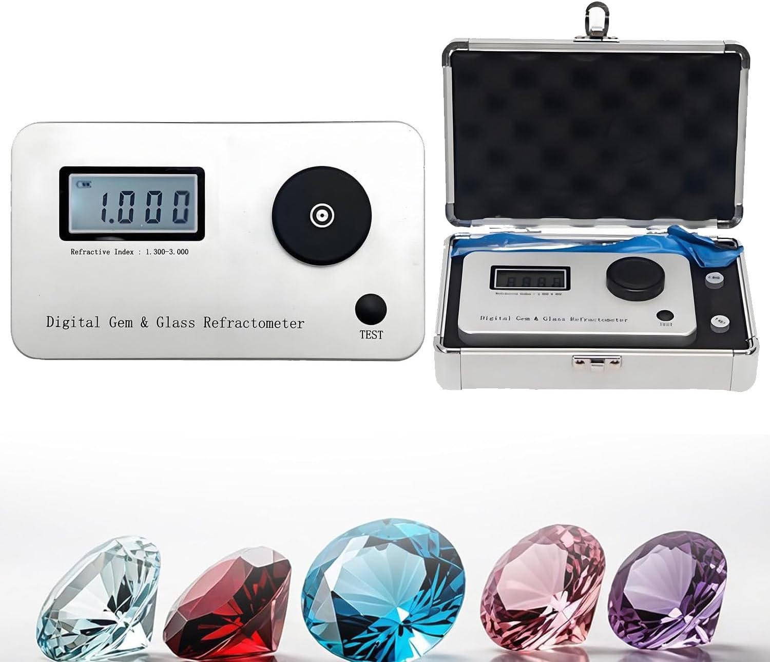 Portable Gem Refractometer, Jewelry Authenticity Tester, Refractive Index 1.300-3.000, with LCD Display and 700mAh Battery, Measuring Accuracy 0.001, Applicable to Various Gemstones