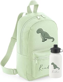 Personalised Rucksack Dinosaur Backpack And Water bottle Back to school Nursery PE bag Stegasaurus T Rex green bag