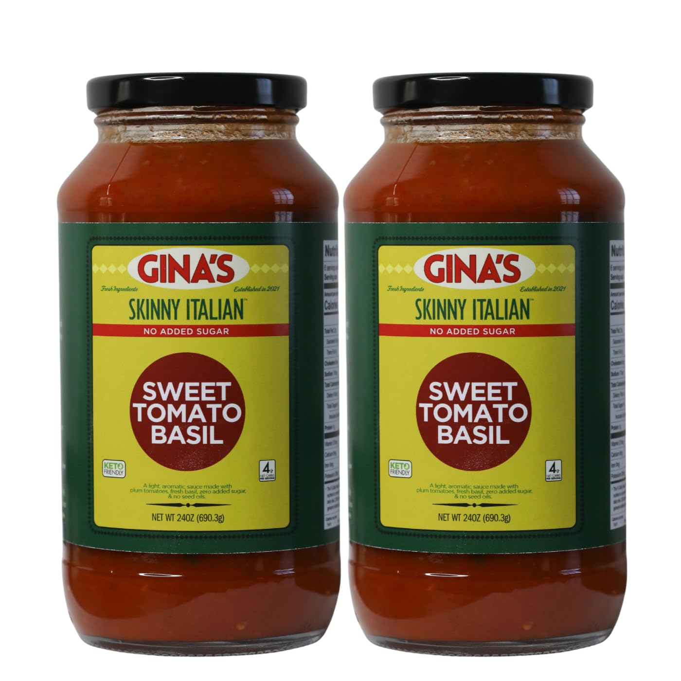 Gina’s Skinny Italian Sweet Tomato Basil Sauce, 2-Pack (Two 24 oz Jars) | No Sugar Added, Low Carb, Keto & Gluten Free Pasta Sauce | Clean Ingredients, All Natural Italian Recipe with Tomatoes, Basil, Garlic & EVOO | Healthy Marinara Alternative for Pasta, Meatballs, Pizza & Cooking