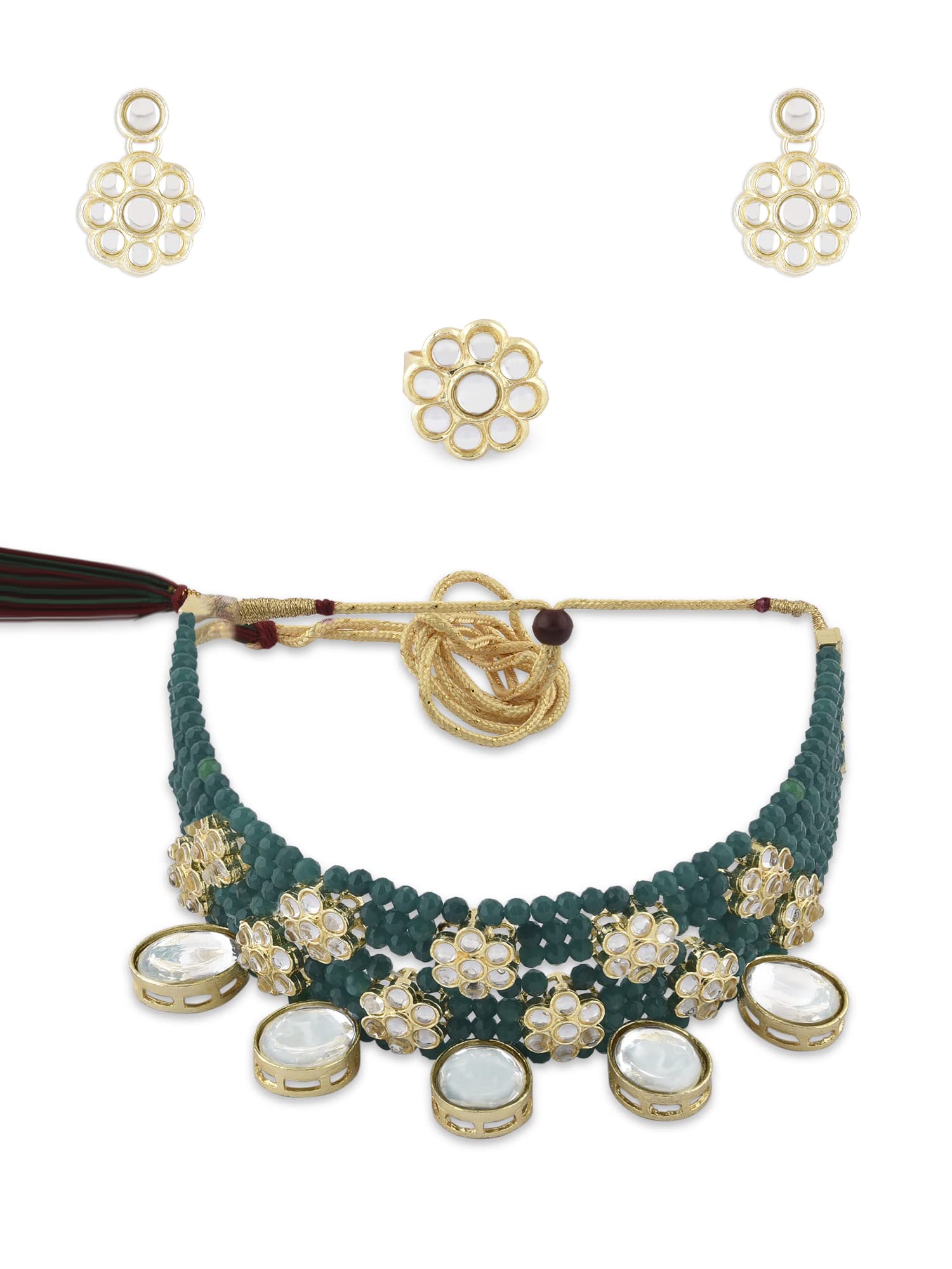ZAVERI PEARLS Green Multistrand Kundan Flowers Choker Necklace Earring & Ring Set For Women-ZPFK15194 (B0BRNBRVQY) Amazon Price History, Amazon Price Tracker