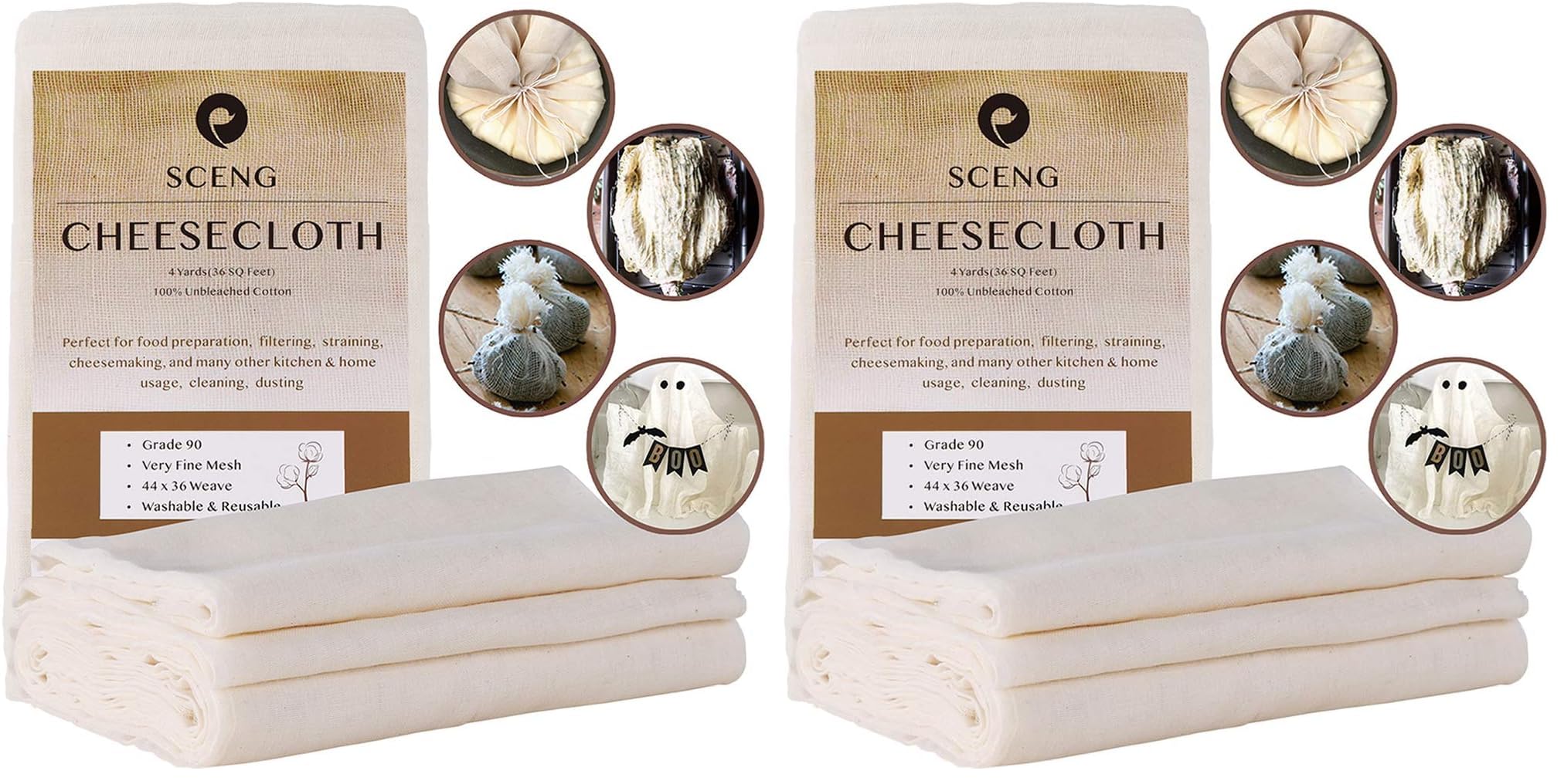 Cheesecloth, Grade 90, 36 Sq Feet, Reusable, 100% Unbleached Cotton Fabric, Ultra Fine Cheese Cloth for Cooking - Nut Milk Bag, Strainer, Filter (Grade 90-4Yards) (Pack of 2)