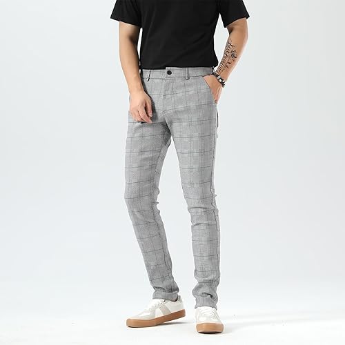 Miniatura 8 de Plaid&Plain Pantalones a cuadros para hombre, pantalones de vestir ajustados para hombre, pantalones chinos ajustados para hombre
