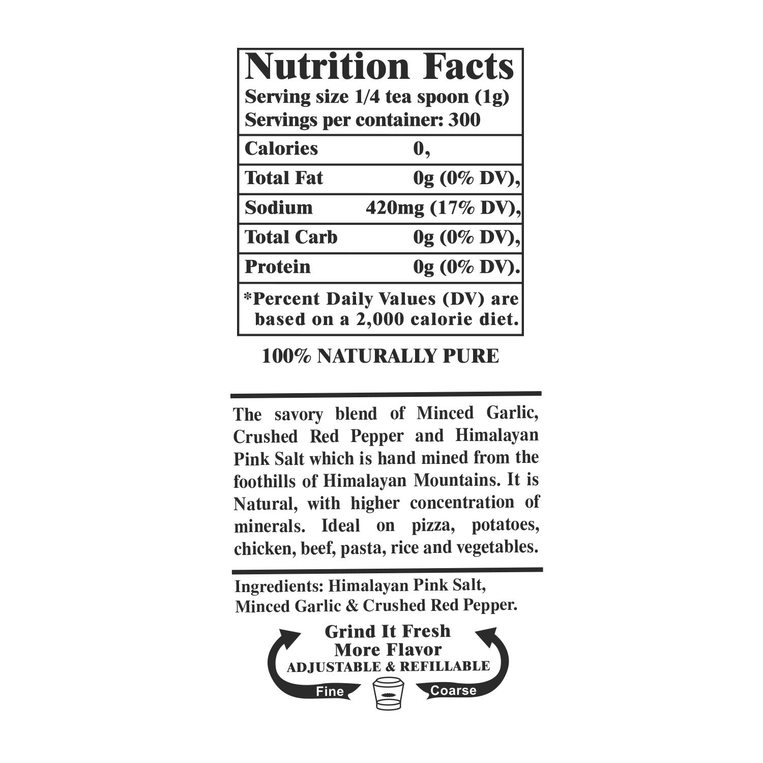 Himalayan Chef Himalayan Pink Salt with Garlic, Refillable Glass Grinder- 12.5oz : Everything Else