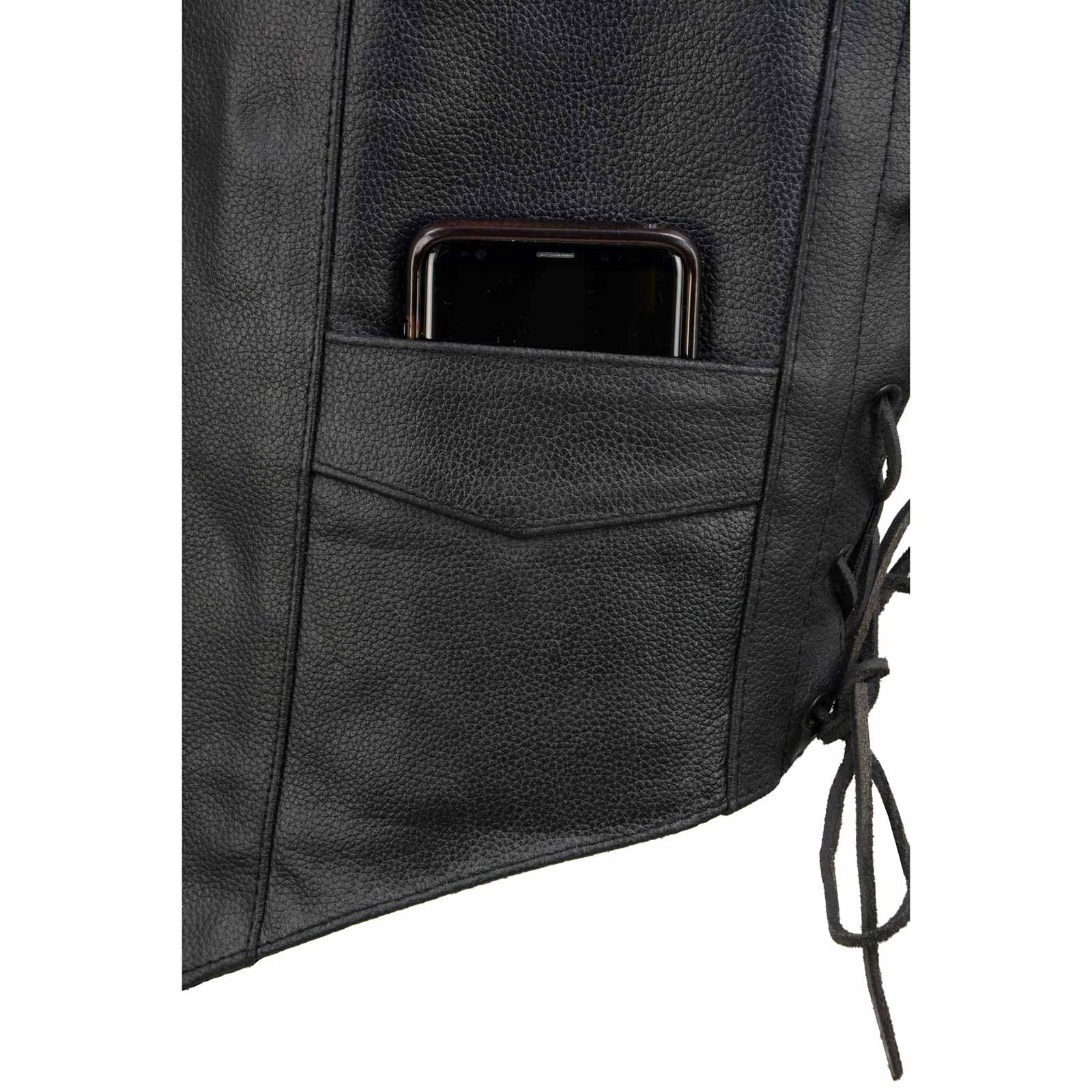 EVENT LEATHER ELM3900 Live to Ride - Chaleco de cuero negro con encaje lateral en relieve Flying Eagle para hombre
