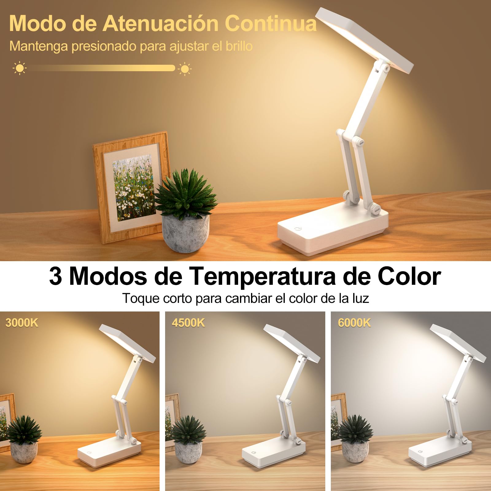 Lámpara Escritorio LED, Flexo Lámpara Táctiles Plegables, Lamparas sin Cables Noche,Luz de Mesa con Pilas de 2400 mAh, 3 Modos,Luz de Escritorio Recargable para Dormitorio, Lectura, Estudio